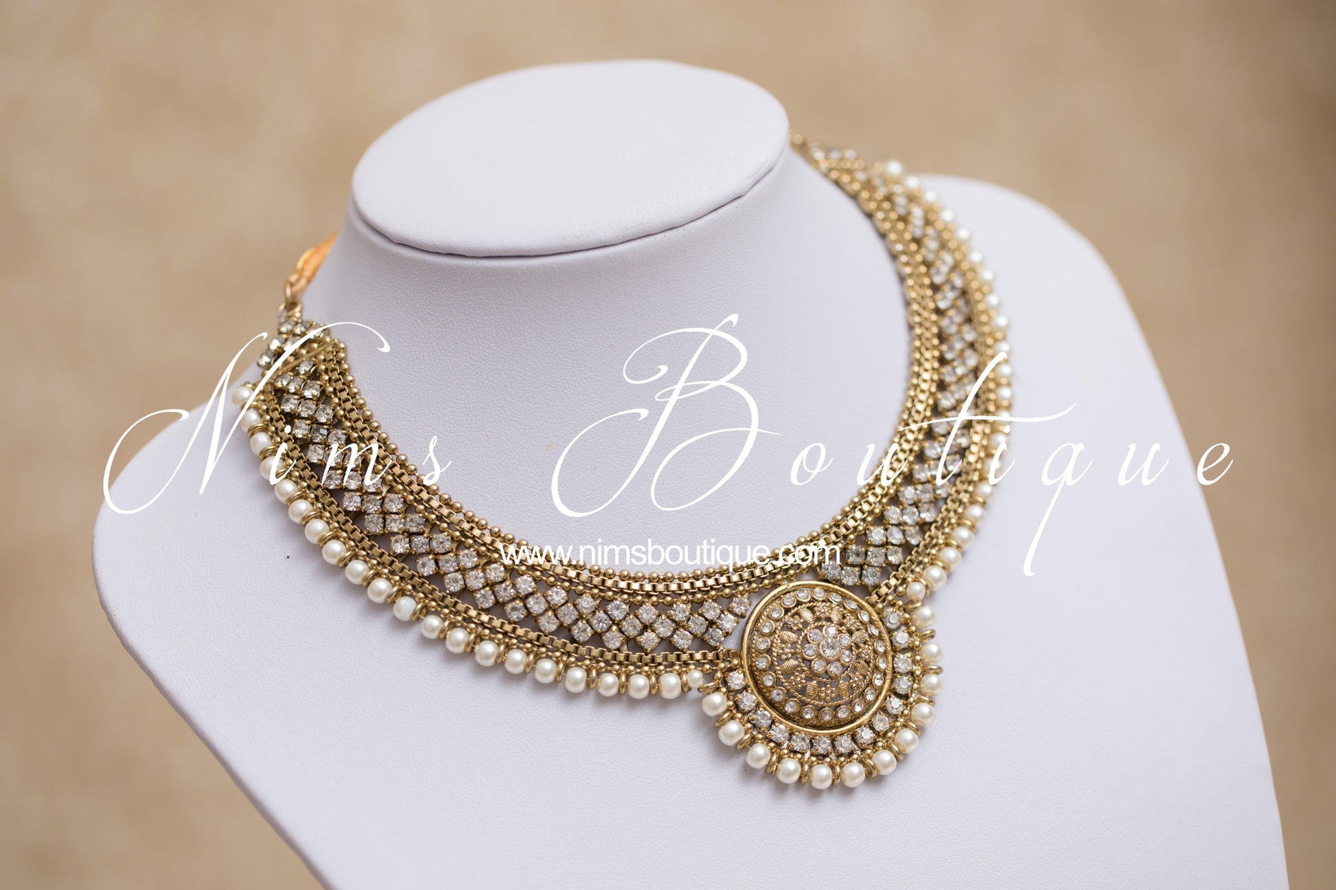 Nims Boutique Small Royal Antique Gold, Pearl & Clear Stone set