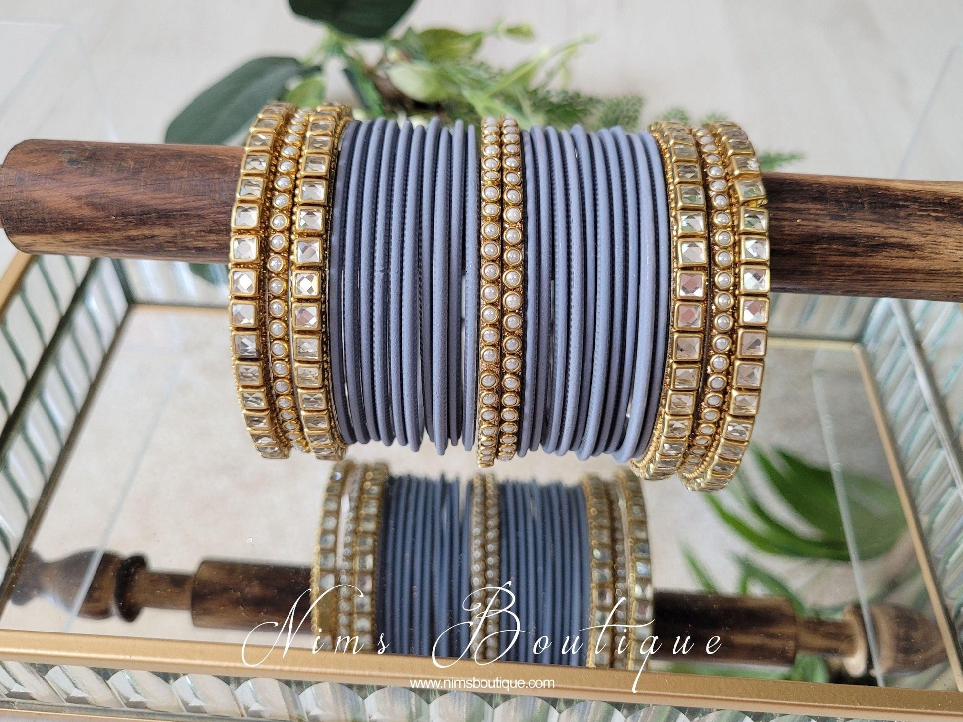 Nims Boutique Grey & Kundan Set of Bangles GR1