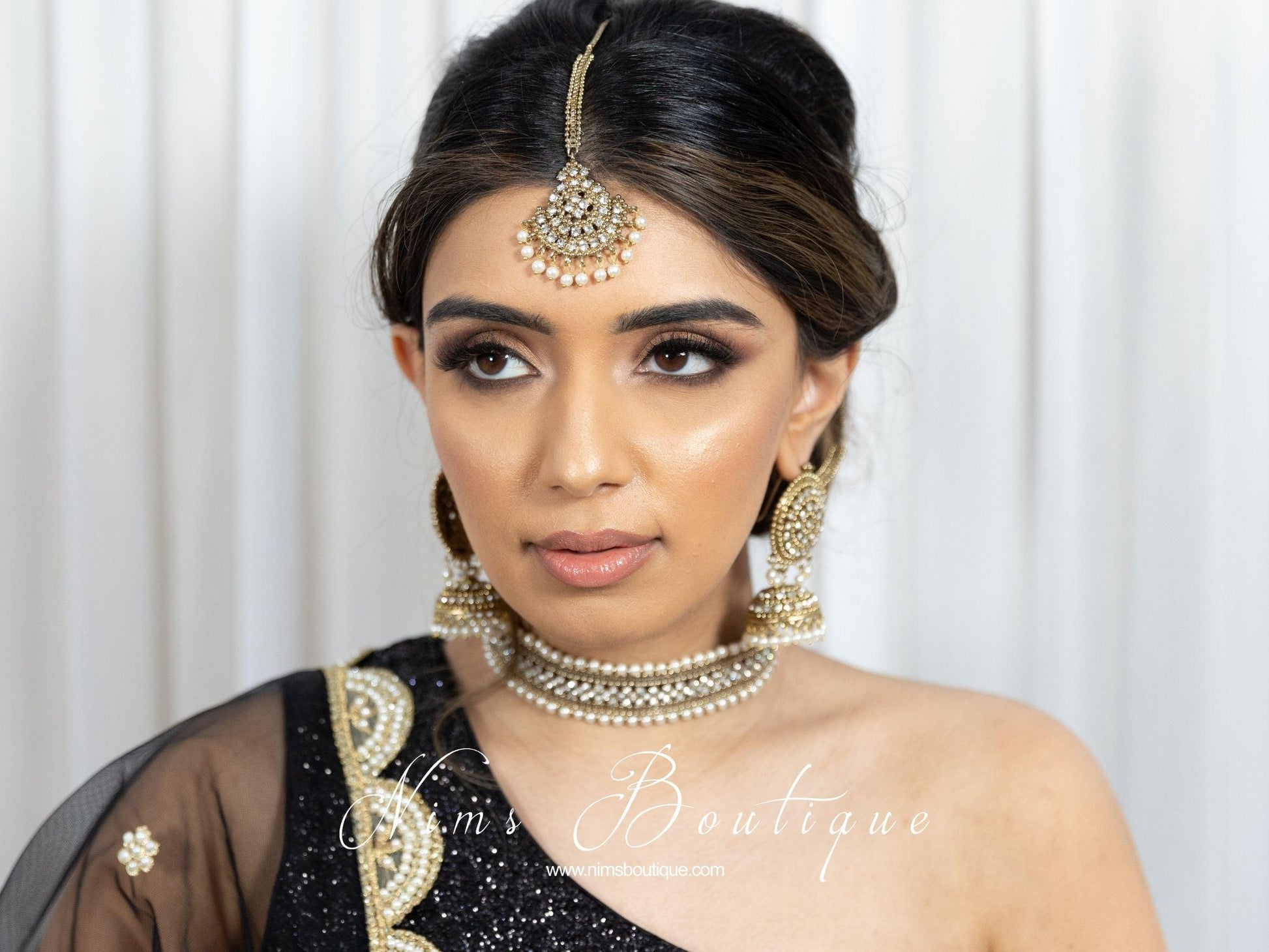 Nims Boutique Celina Pearl & Antique Gold Choker with Clear Stone