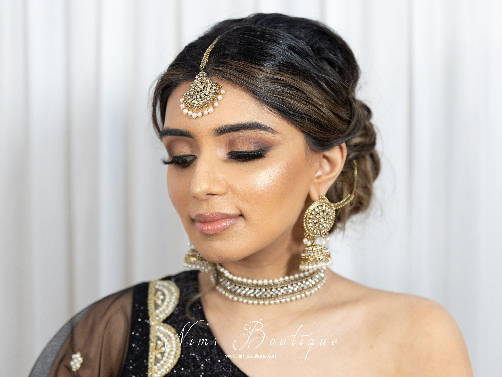 Nims Boutique Celina Pearl & Antique Gold Choker with Clear Stone