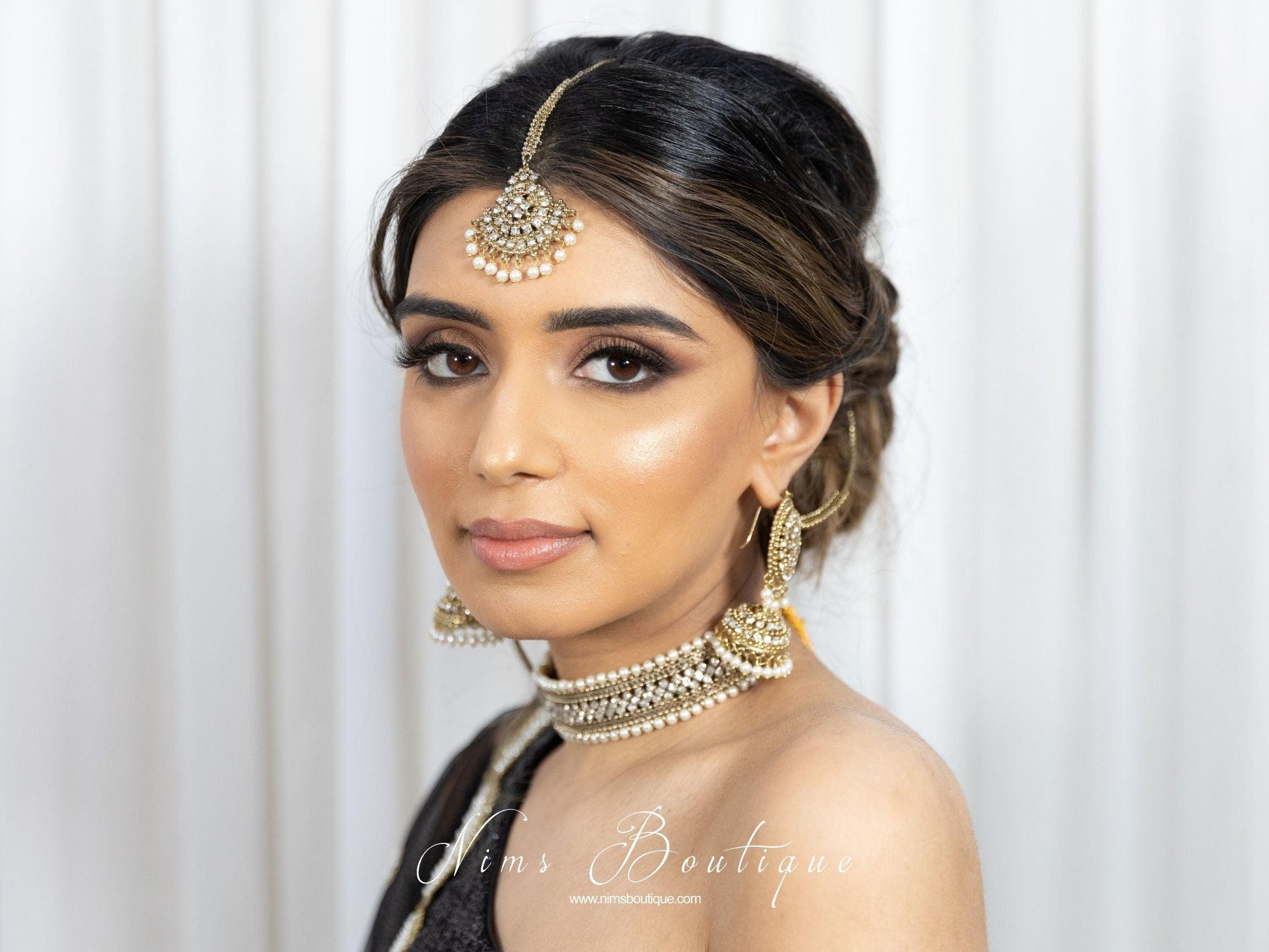 Nims Boutique Celina Pearl & Antique Gold Choker with Clear Stone