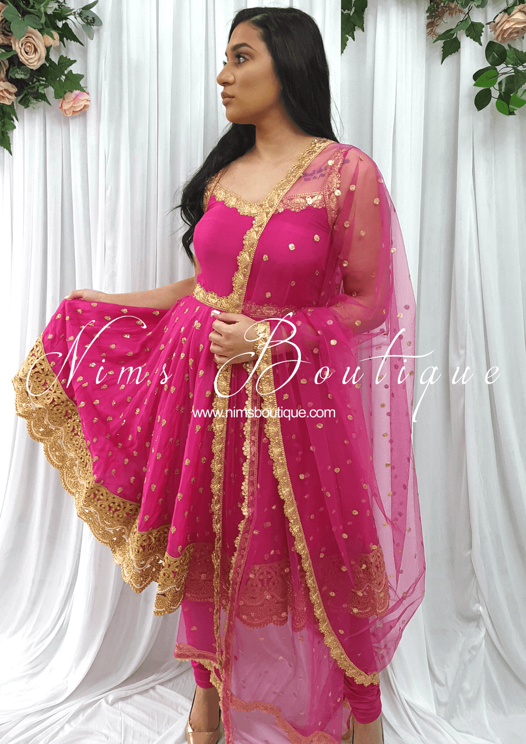 Nims Boutique The NB Luxury Hot Pink Silk Anarkali with Pajami sizes 4-16