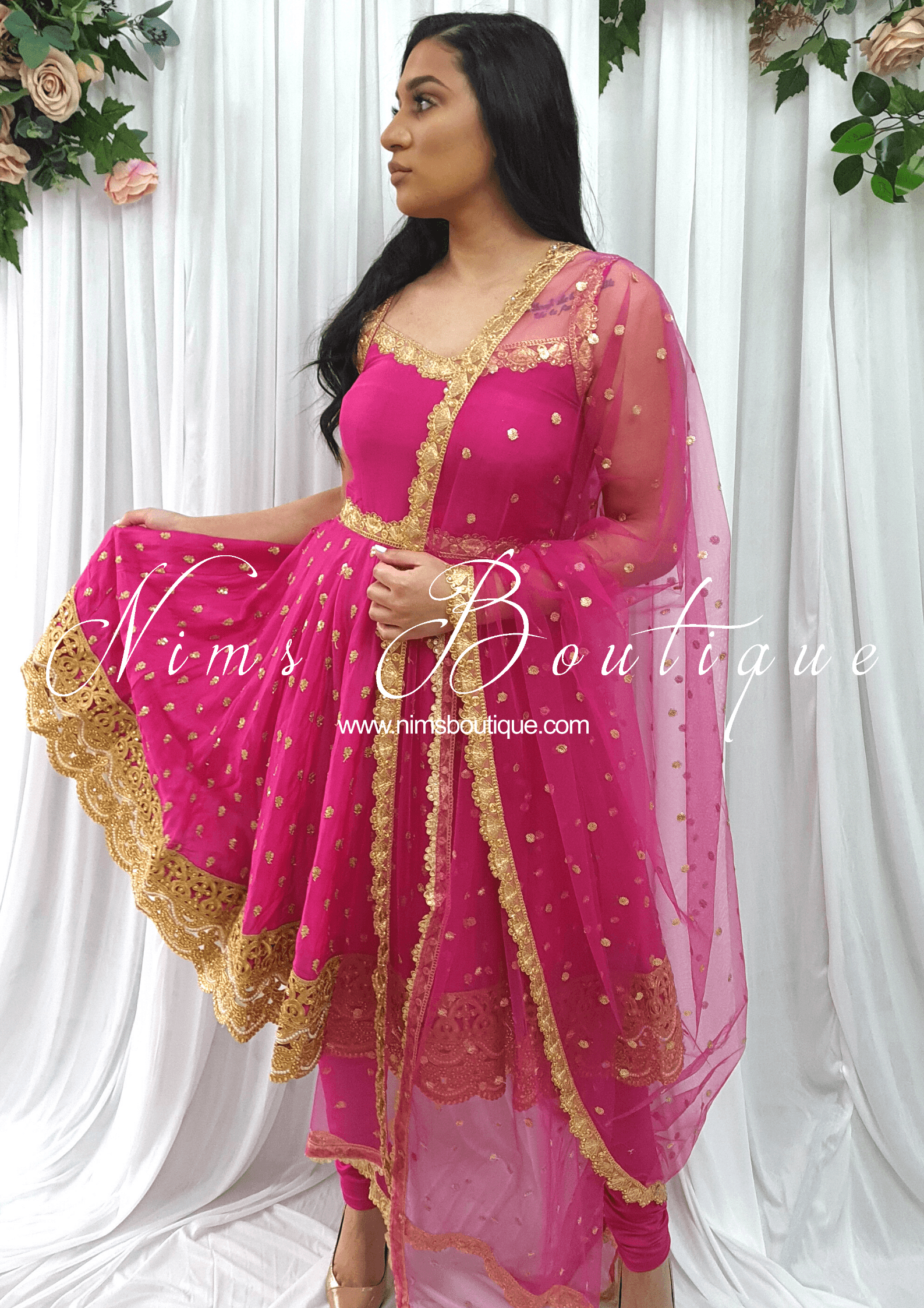 Nims Boutique The NB Luxury Hot Pink Silk Anarkali with Pajami sizes 4-16