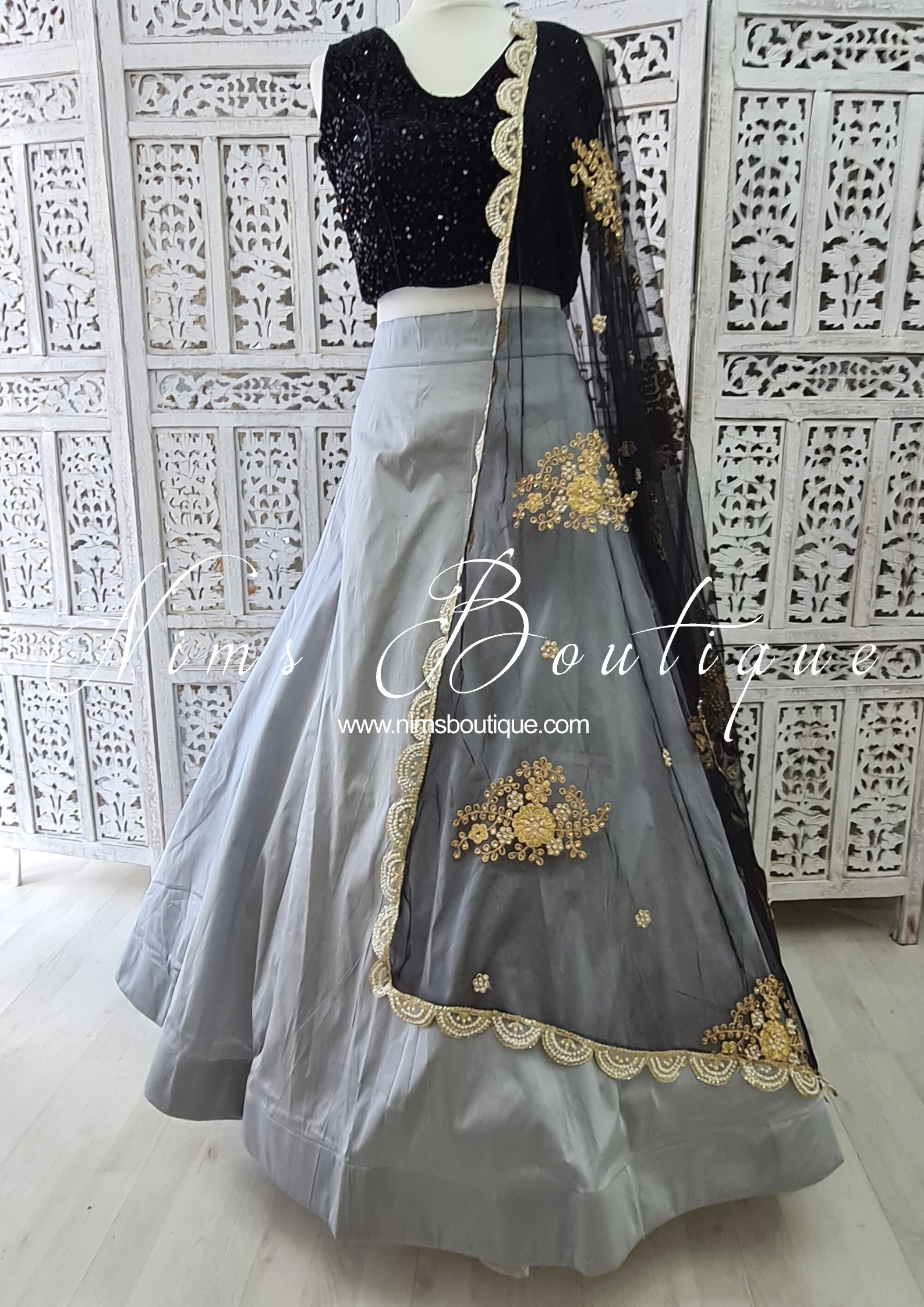 Nims Boutique Black Net Pearl Embellished Dupatta/Chunni with Luxury Pearl Edging NPE5
