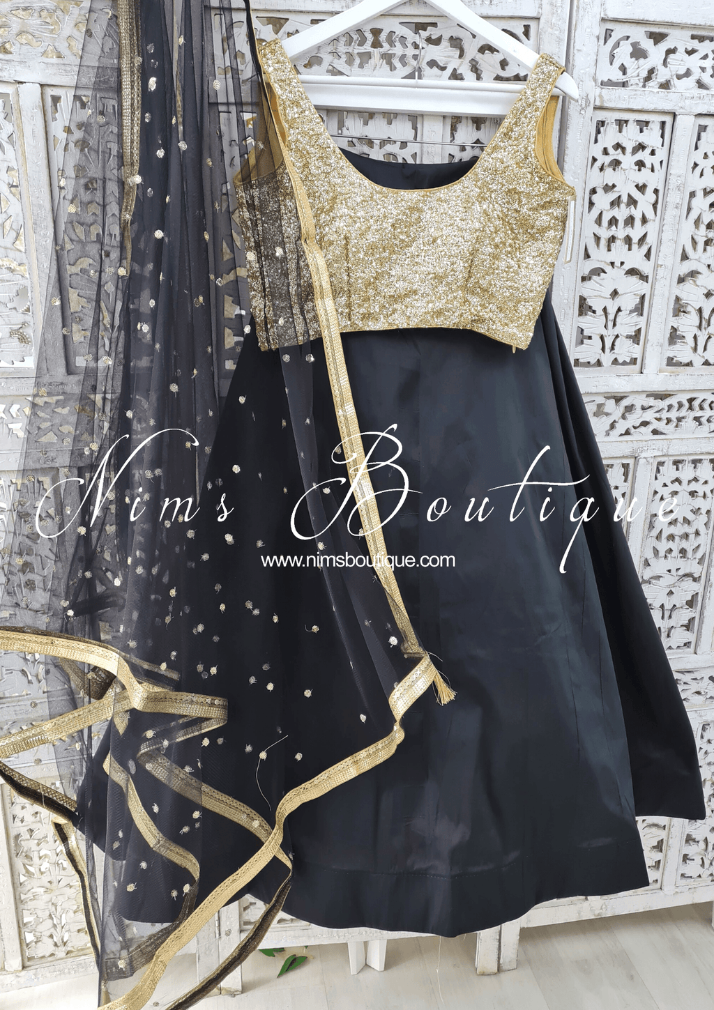 Nims Boutique Black Net Sequin Dupatta/Chunni NS4