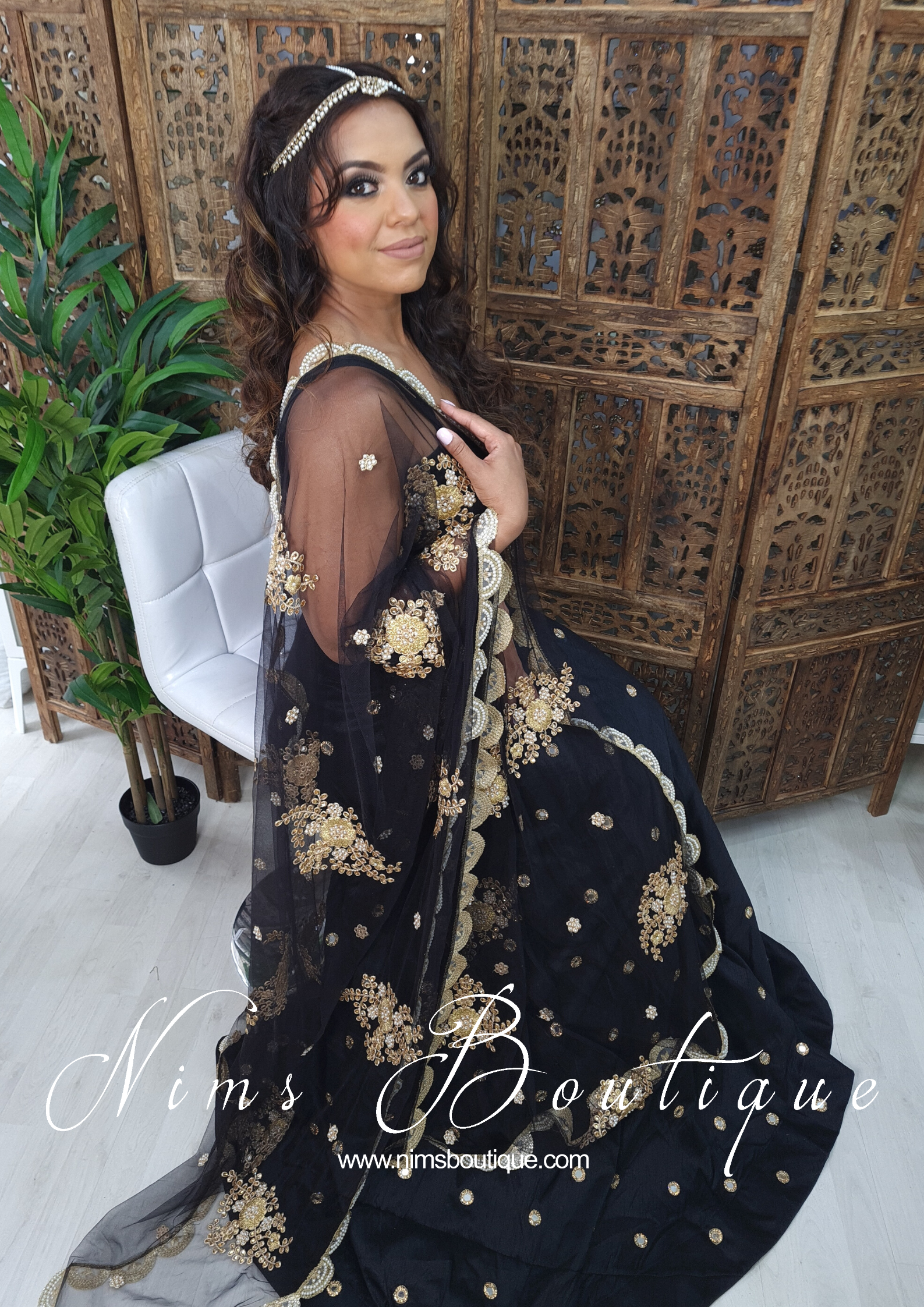 Nims Boutique Black Net Pearl Embellished Dupatta/Chunni with Luxury Pearl Edging NPE5