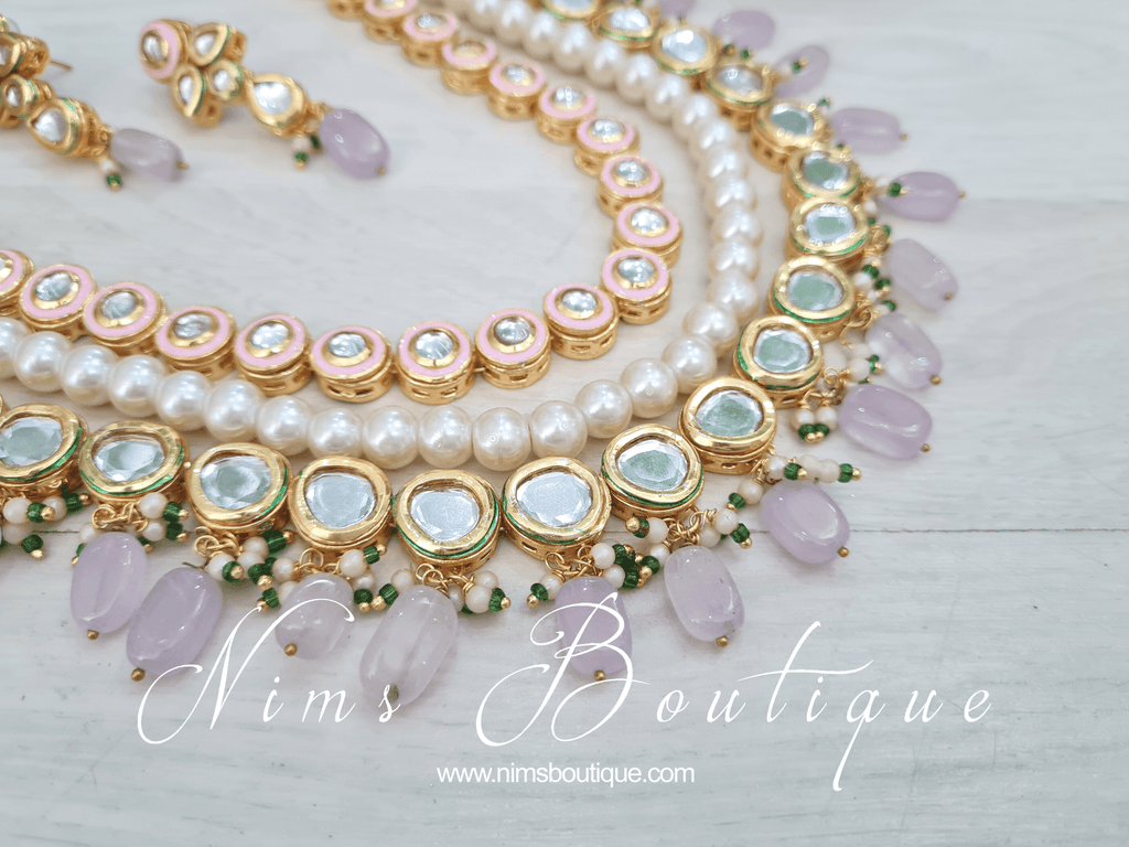 Nims Boutique Myra Blossom Kundan Lilac & Pink Haar Set