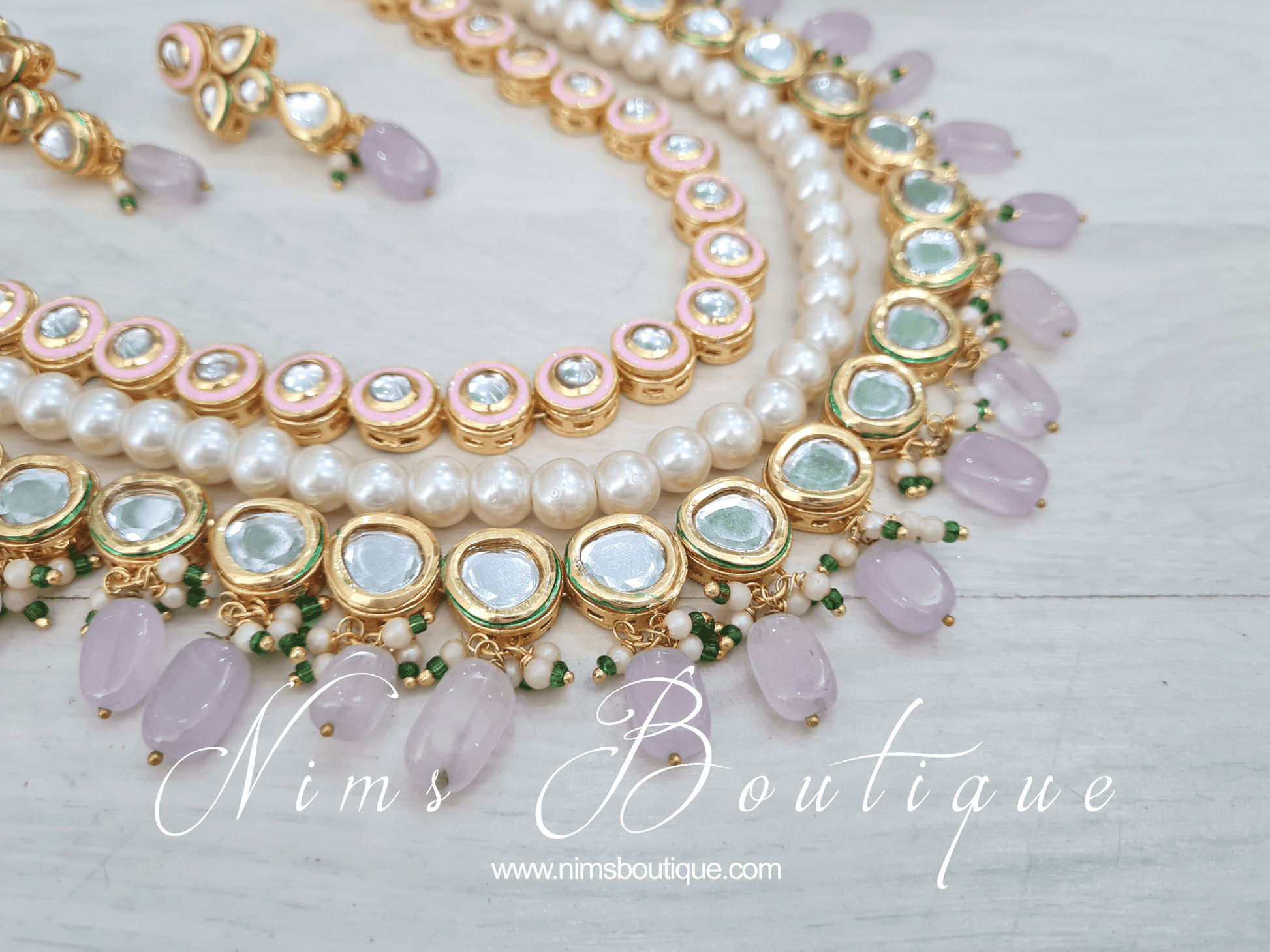 Nims Boutique Myra Blossom Kundan Lilac & Pink Haar Set