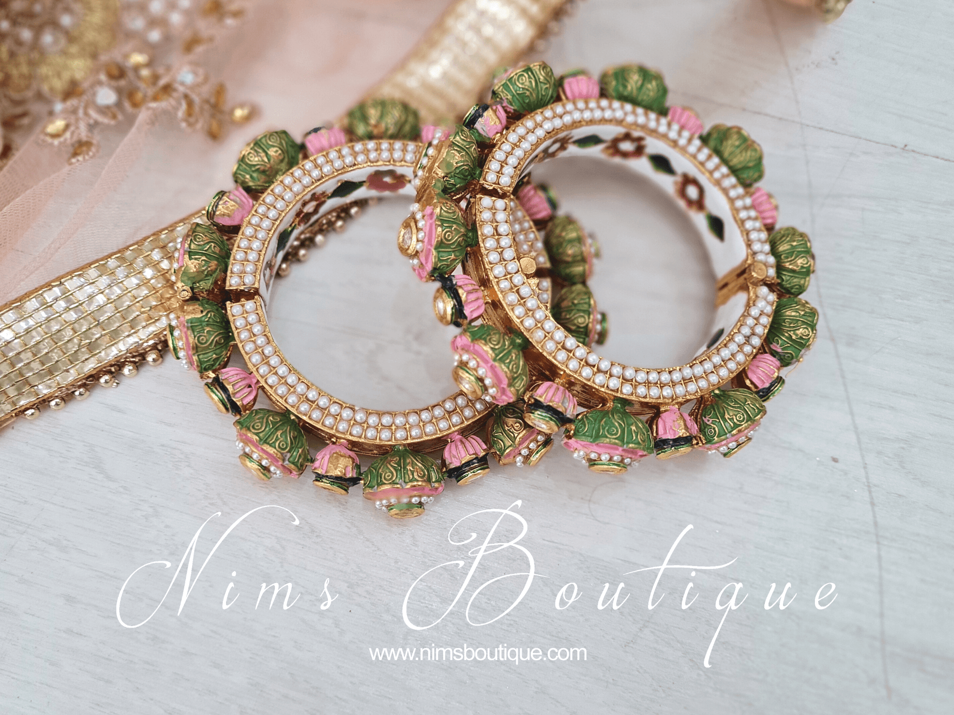 Nims Boutique Luxury Pink & Green Meenakari Kara various sizes