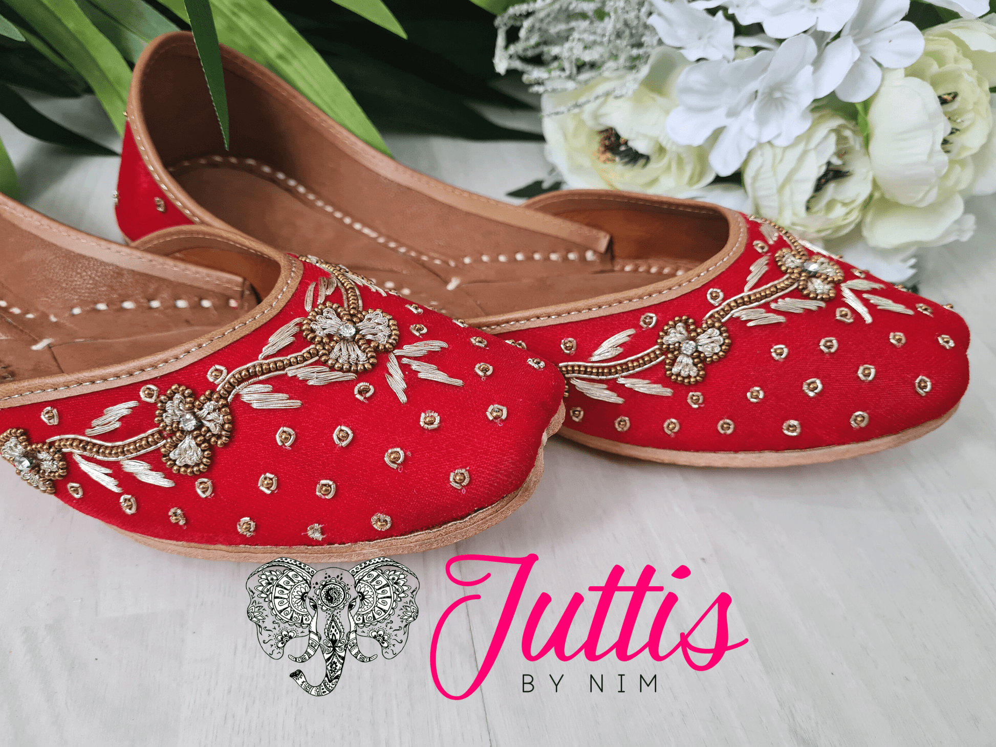 Nims Boutique Luxury Red Velvet Embroidered Leather Punjabi Juttis