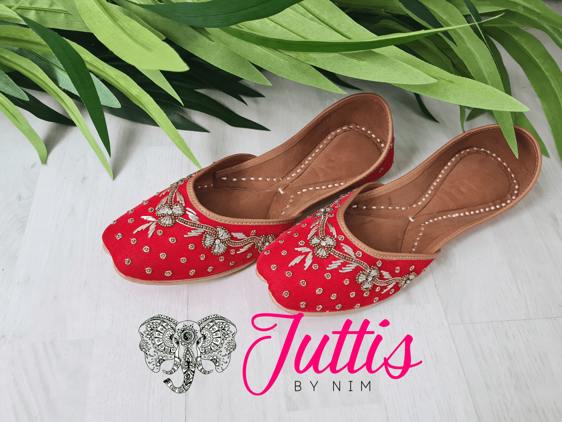 Nims Boutique Luxury Red Velvet Embroidered Leather Punjabi Juttis