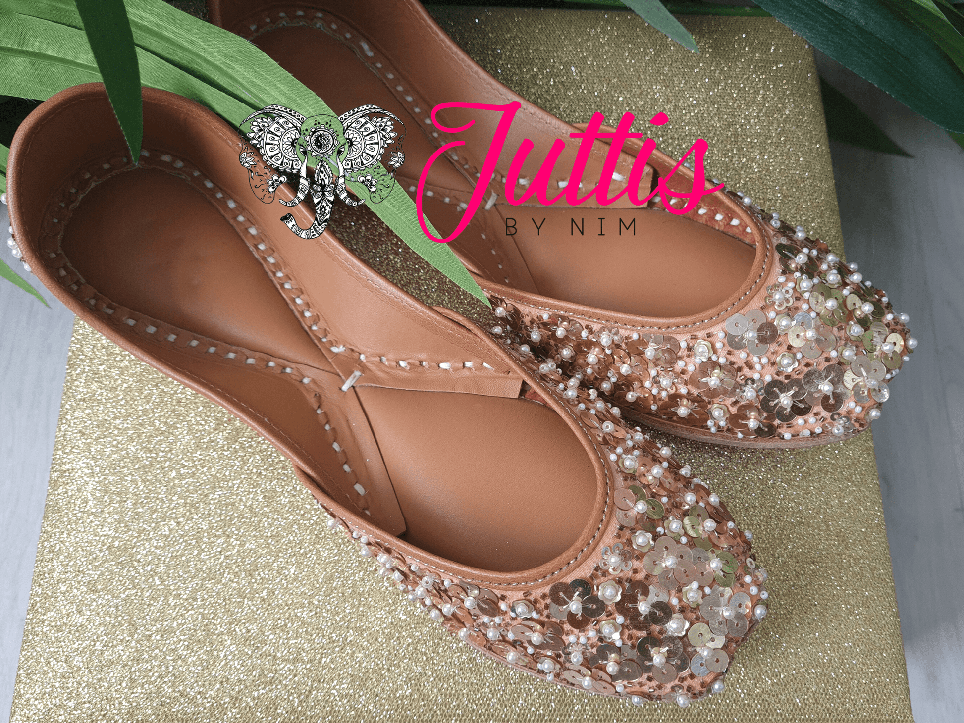Nims Boutique Luxury Gold Sequin Leather Punjabi Juttis