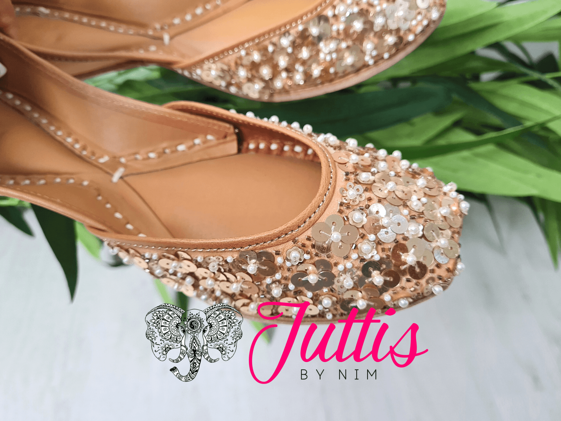 Nims Boutique Luxury Gold Sequin Leather Punjabi Juttis