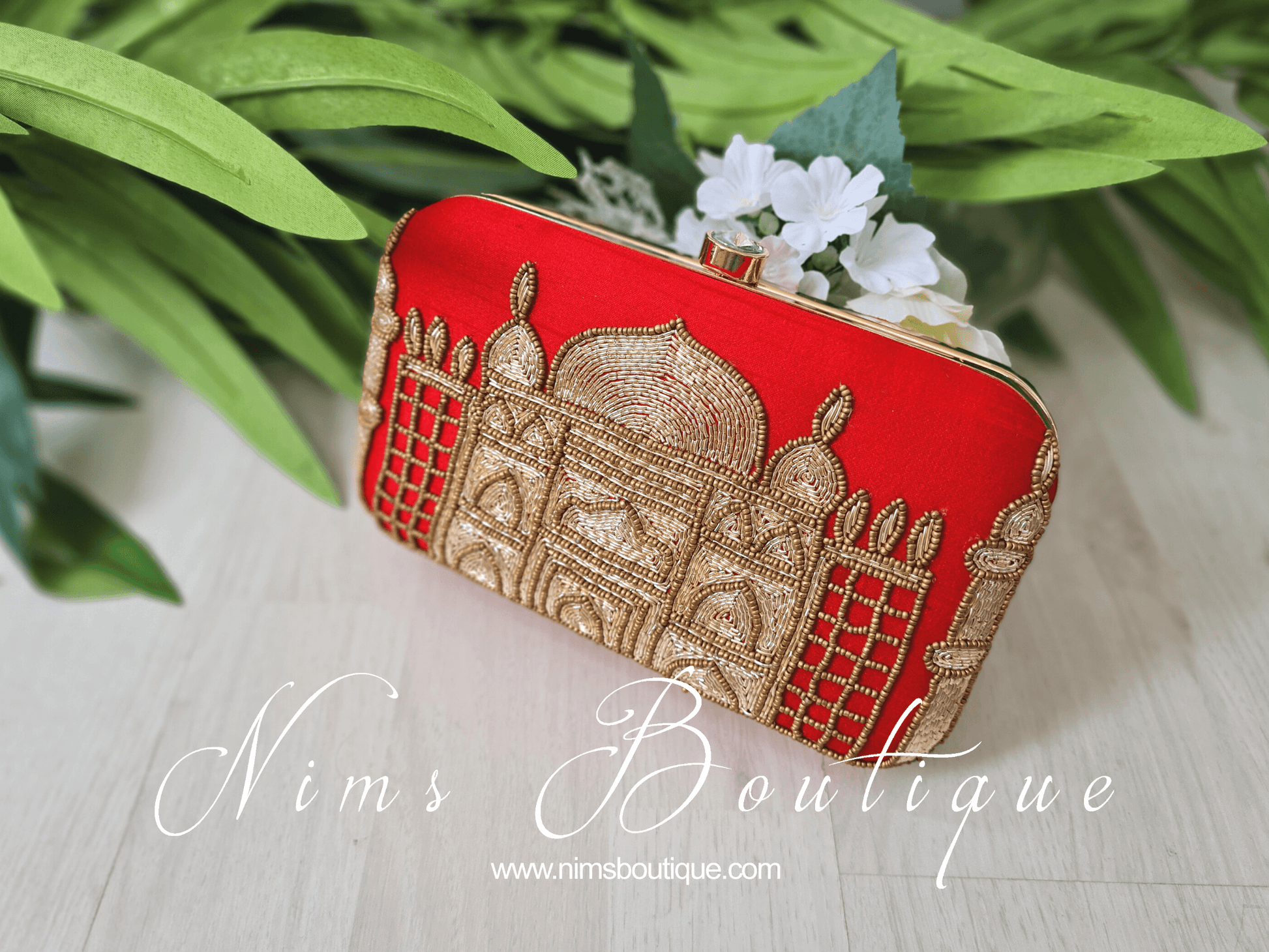 Nims Boutique Taj Red Raw Silk Clutch Bag