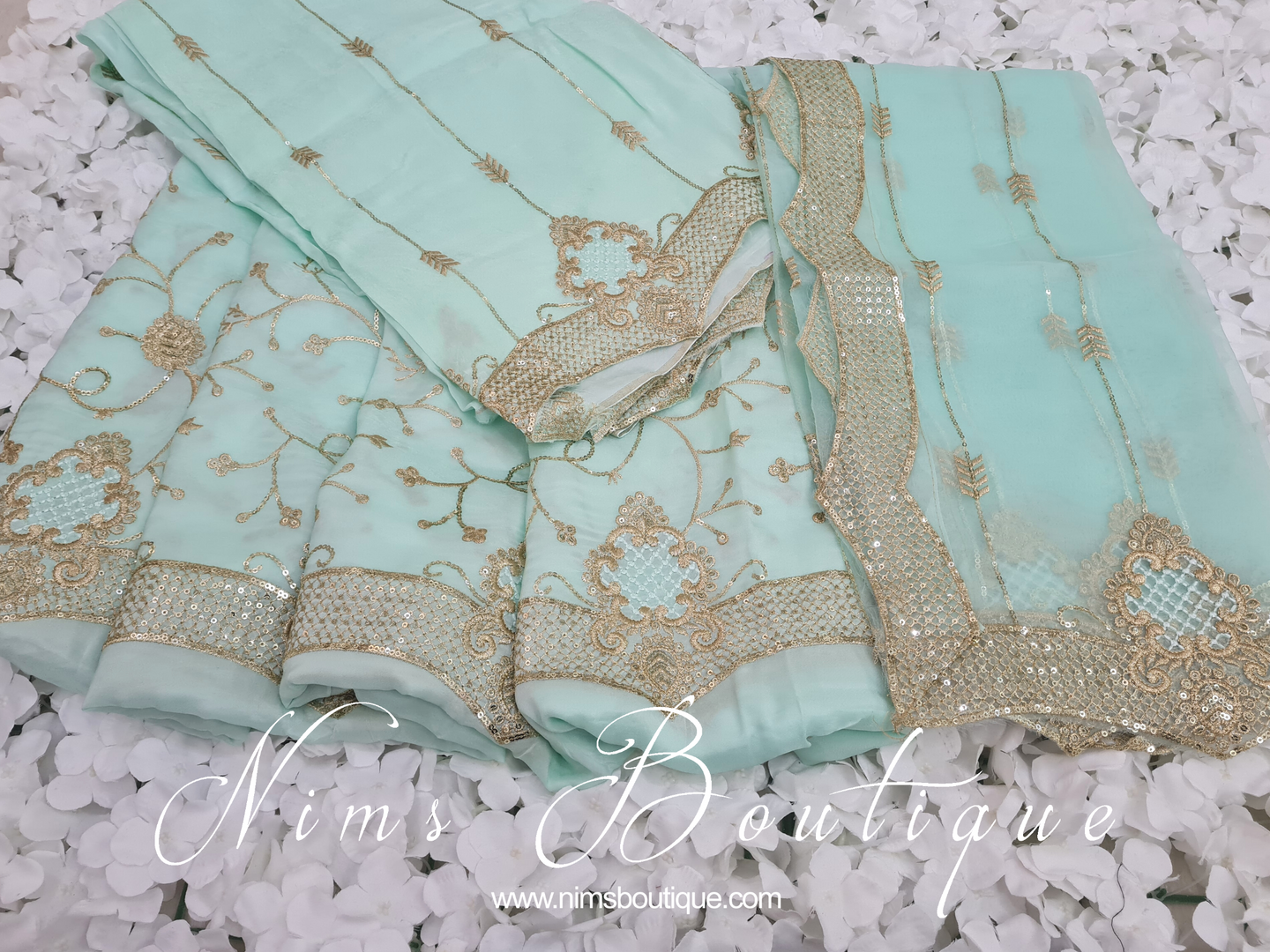 Luxury Unstitched Silk Light Mint & Gold Threadwork Sharara Suit