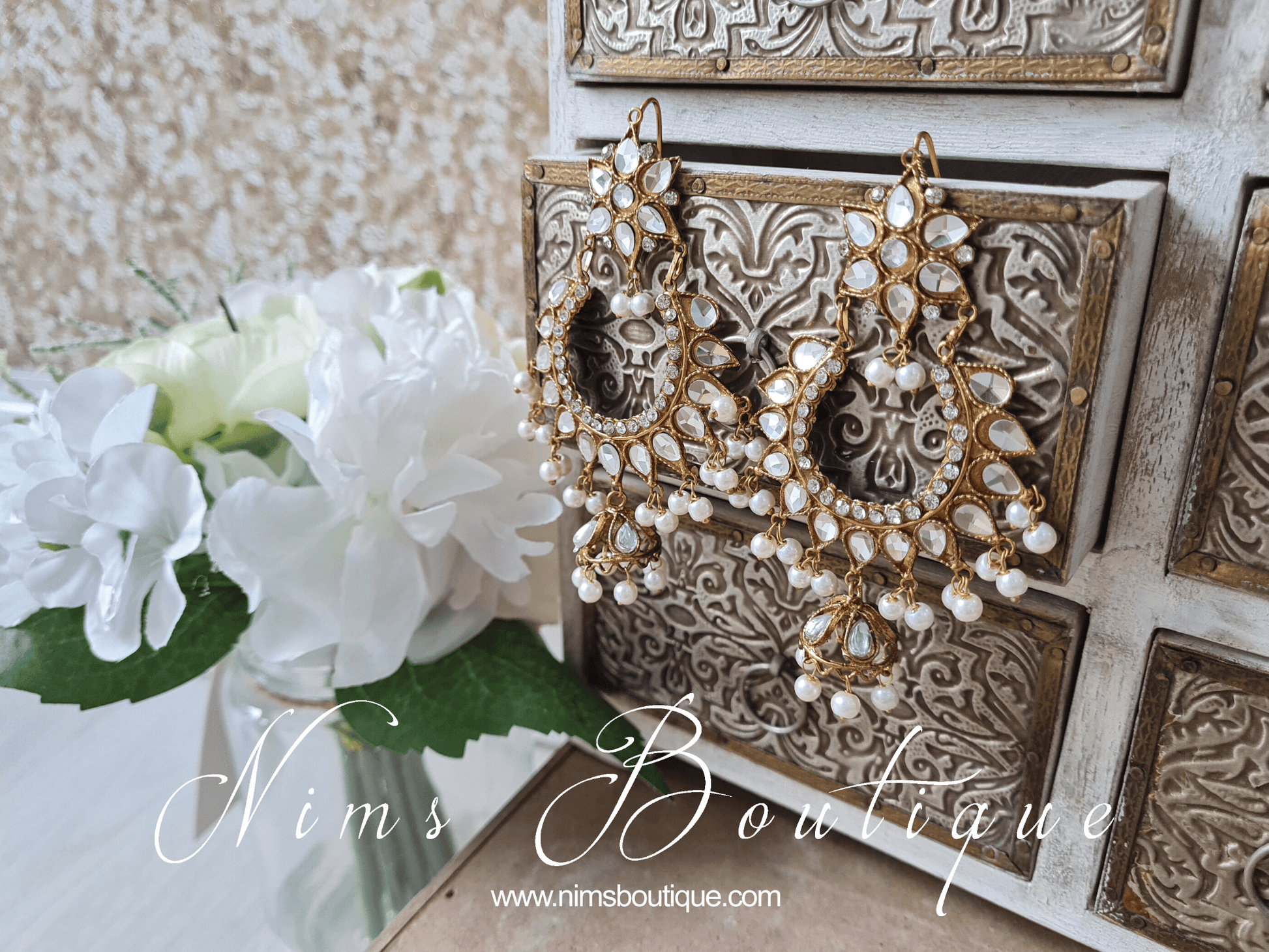 Nims Boutique Small Tanuja Antique Gold & Pearl Maharani Earrings