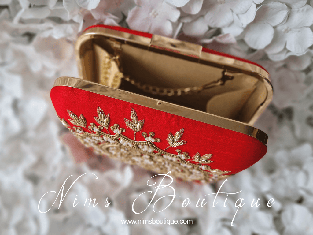 Nims Boutique Large Red Raw Silk Clutch Bag with Pearl & Gold embellishment