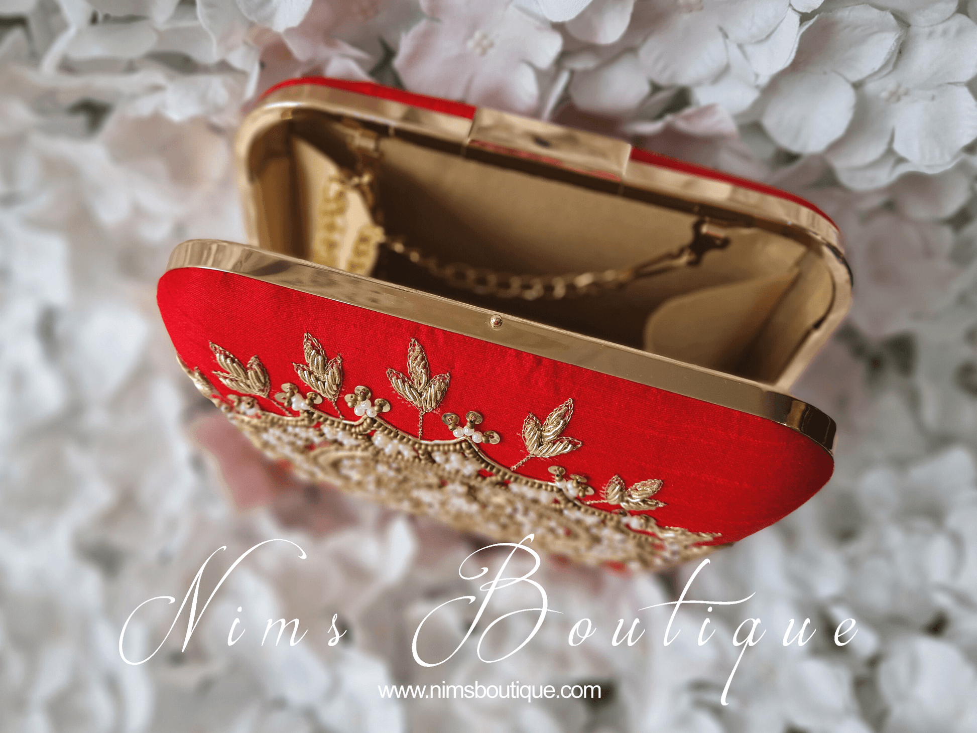 Nims Boutique Large Red Raw Silk Clutch Bag with Pearl & Gold embellishment
