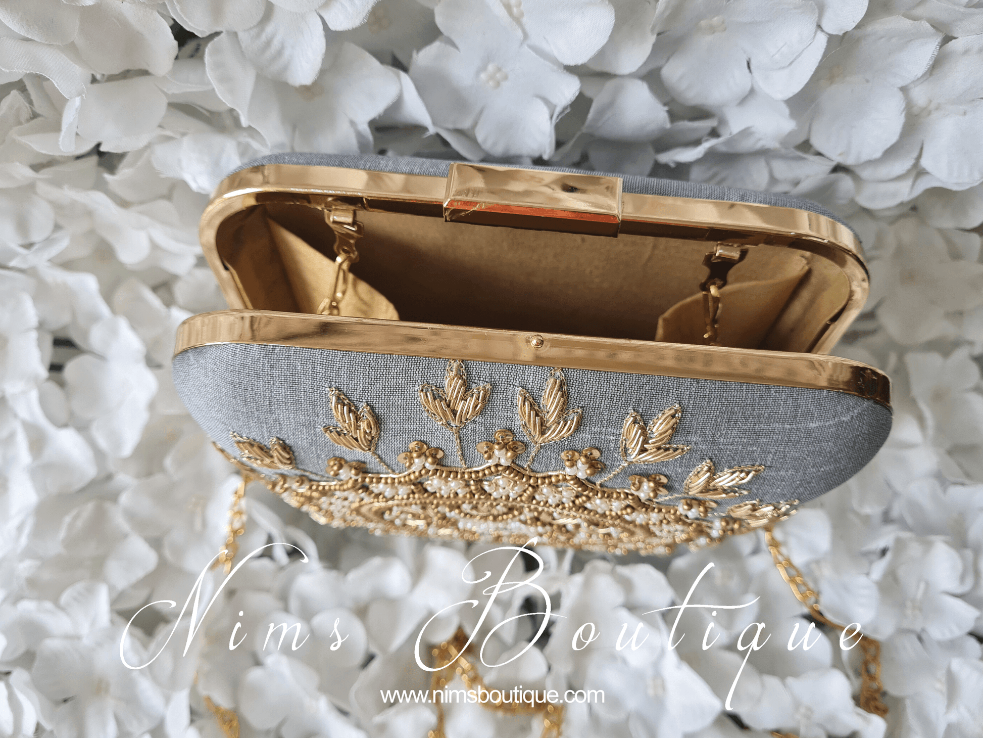 Nims Boutique Large Grey Raw Silk Clutch Bag with Pearl & Gold embellishment