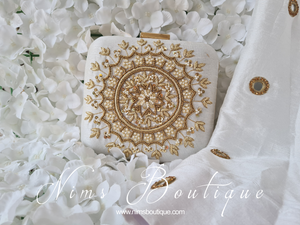 Large White Raw Silk Pearl Embellished Clutch Bag