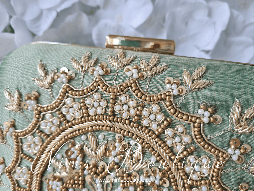Nims Boutique Large Pistachio Raw Silk Pearl Embellished Clutch Bag