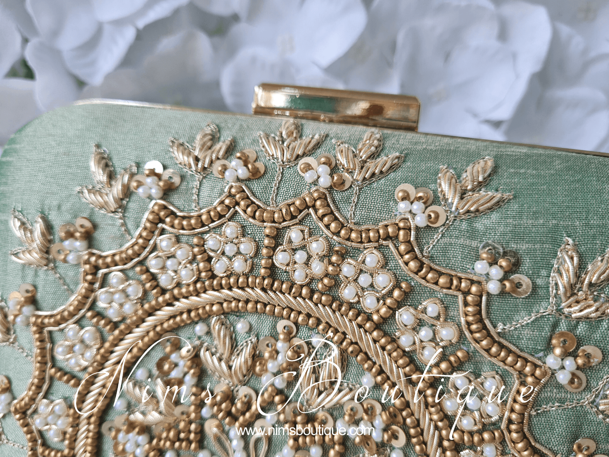 Nims Boutique Large Pistachio Raw Silk Pearl Embellished Clutch Bag
