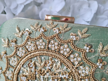 Large Pistachio Raw Silk Pearl Embellished Clutch Bag