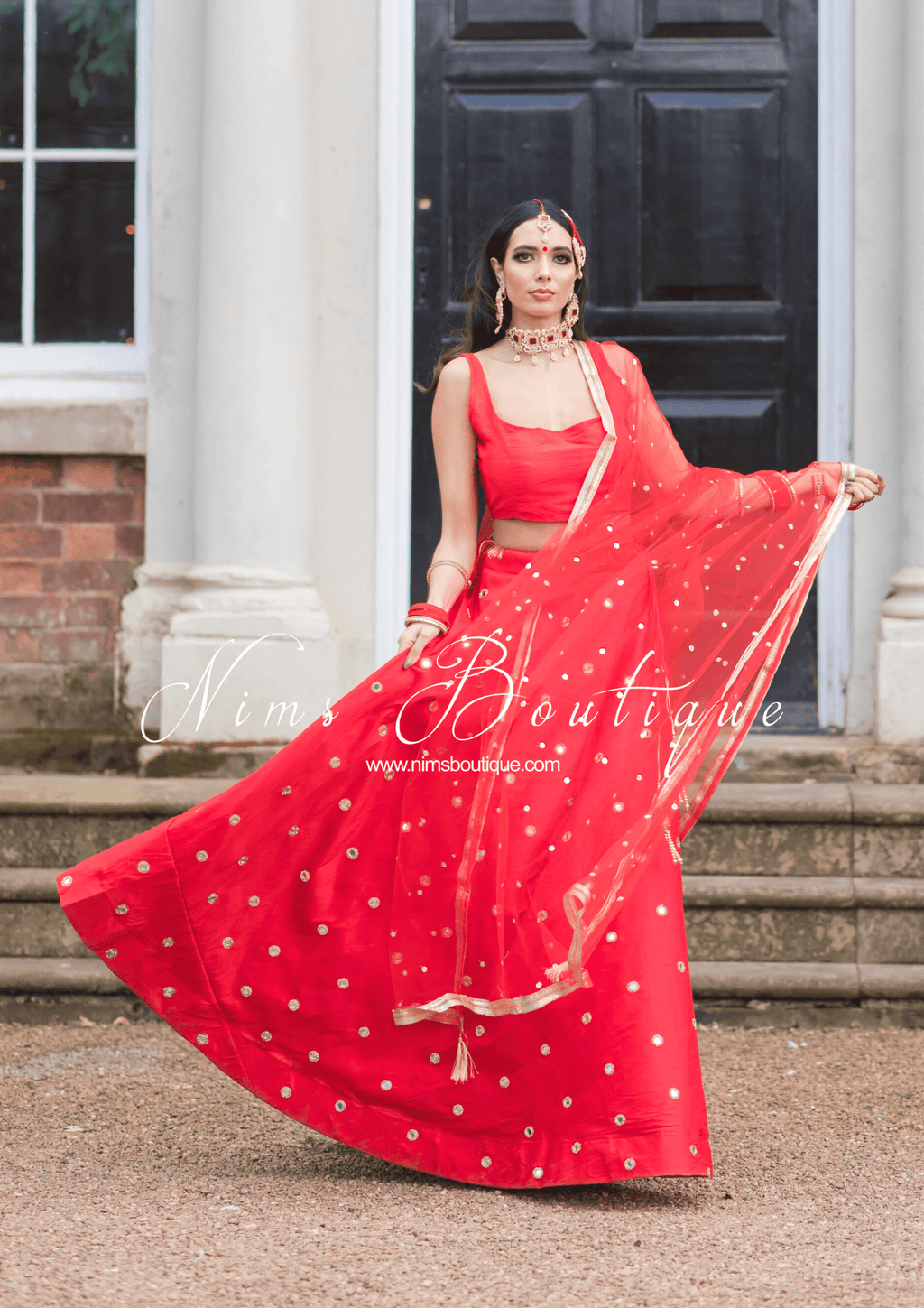 Nims Boutique Bright Red Net Sequin Dupatta/Chunni NS7