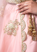 Nims Boutique Pastel Peach Net Pearl Embellished Dupatta/Chunni with Luxury Pearl Edging