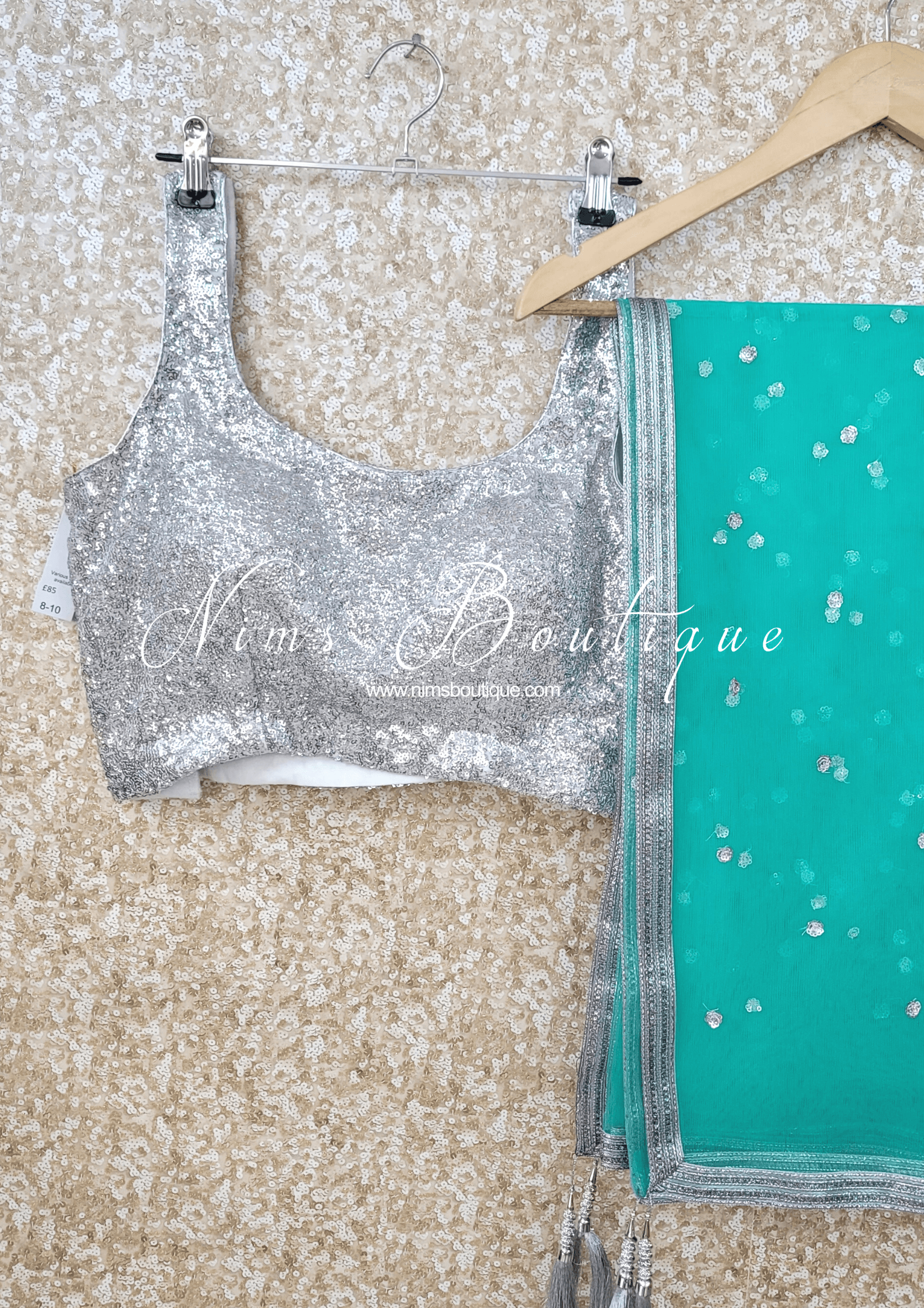 Nims Boutique Sea Green & Silver Sequin Net Sequin Dupatta/Chunni