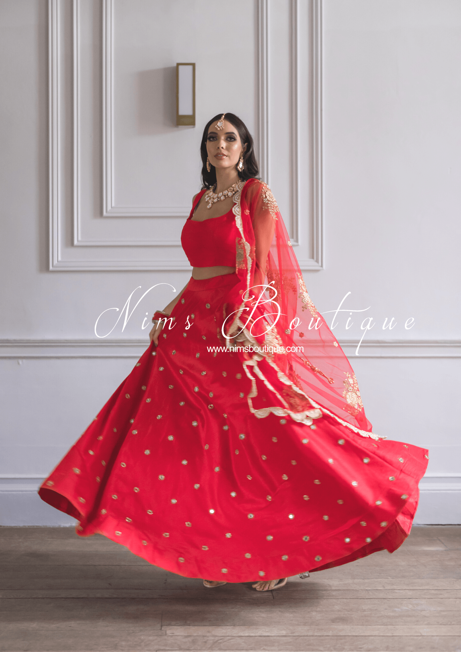 Nims Boutique Rani Luxury Red Silk Mirror readymade skirt/lehnga size 4-20