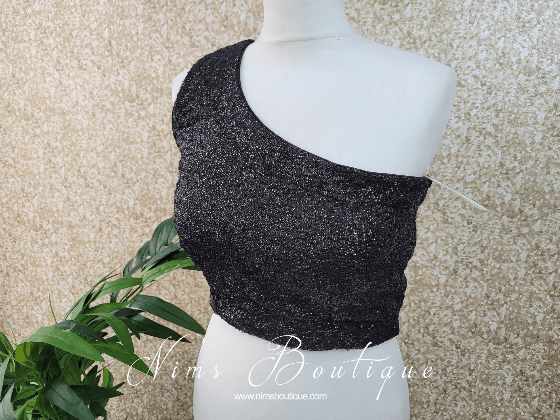 Nims Boutique Luxury One Shoulder Black Sequin Blouse 4-22