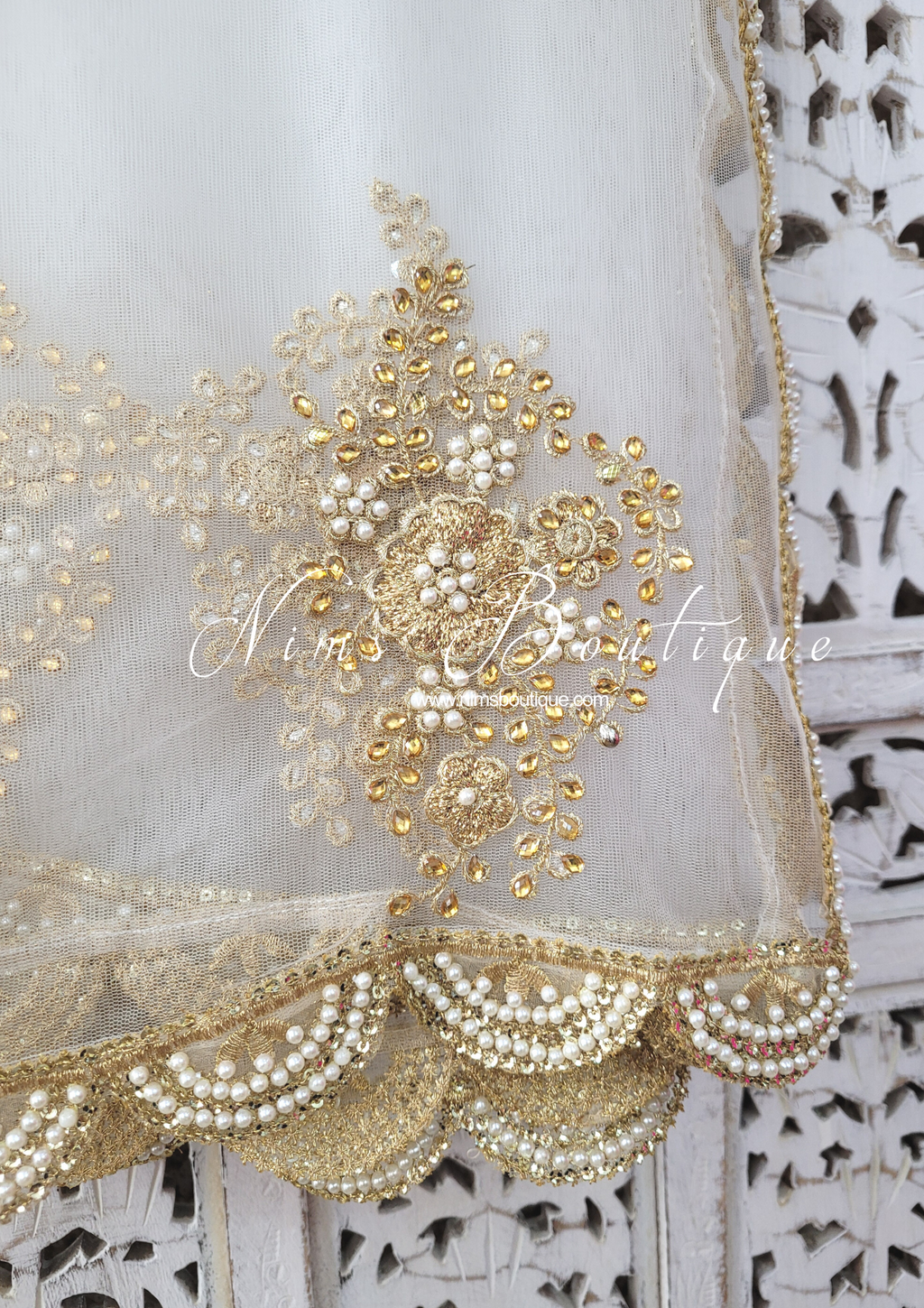 Nims Boutique White Net Pearl Embellished Dupatta/Chunni with Luxury Pearl Edging NPE2