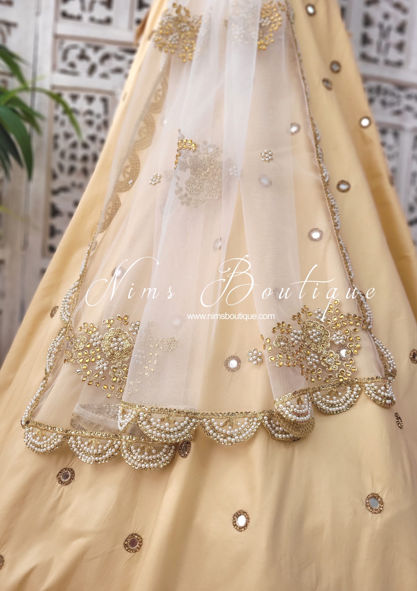 Nims Boutique White Net Pearl Embellished Dupatta/Chunni with Luxury Pearl Edging NPE2