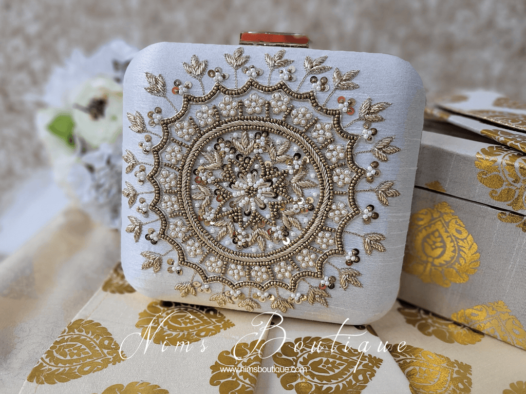 Nims Boutique Large White Raw Silk Pearl Embellished Clutch Bag