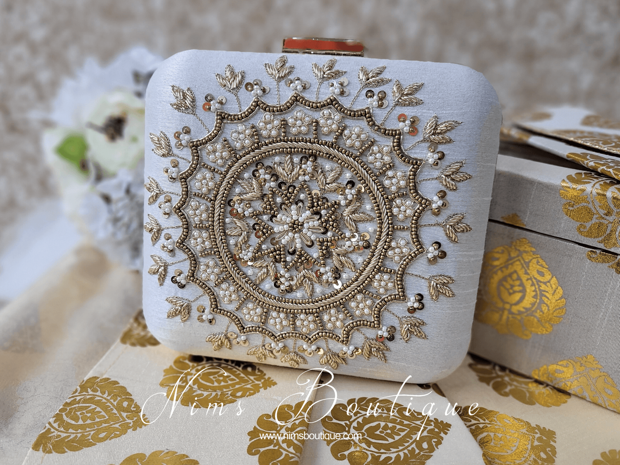 Large White Raw Silk Pearl Embellished Clutch Bag