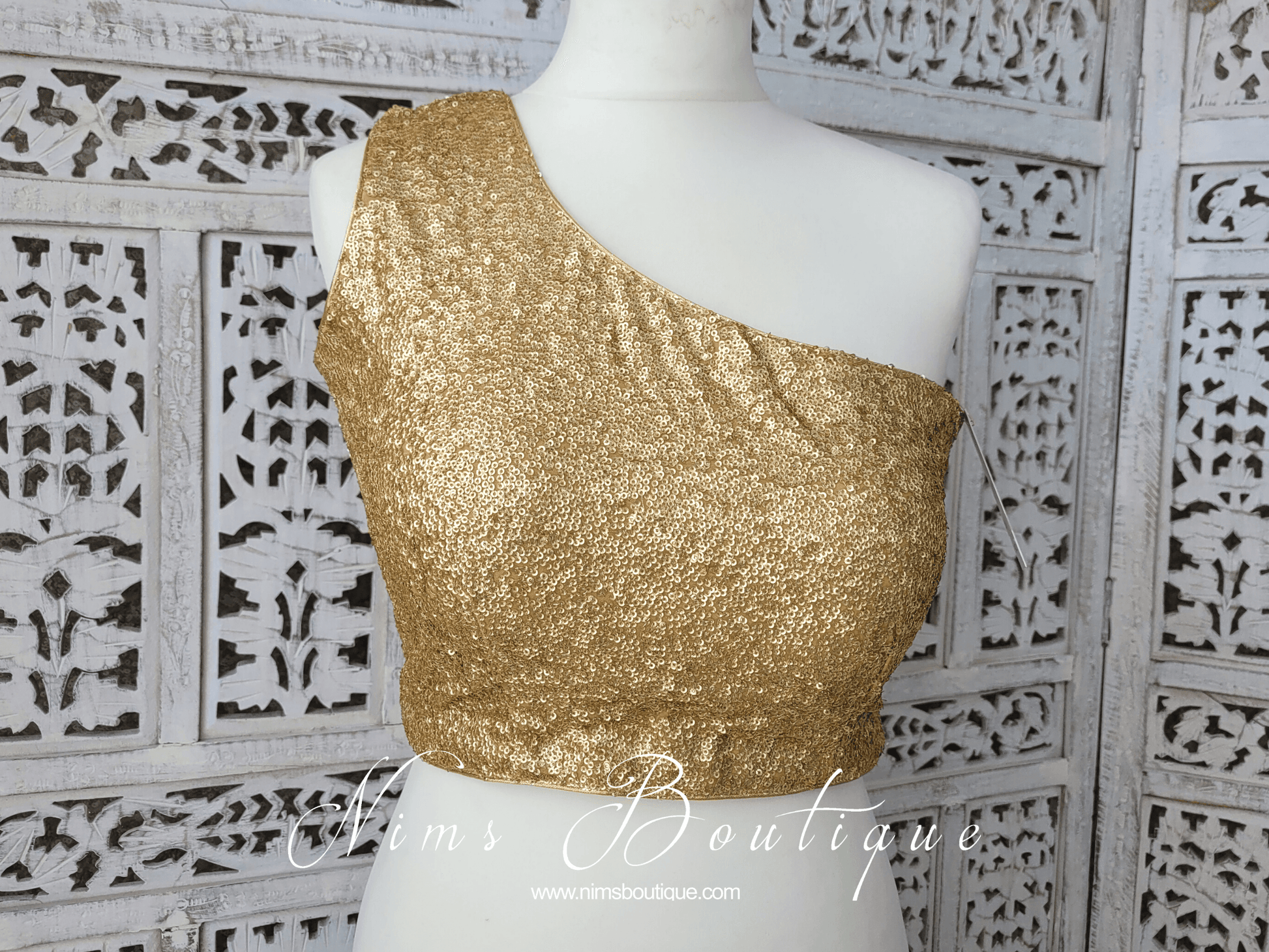 Nims Boutique Luxury One Shoulder Rose Gold Sequin Blouse 4-22