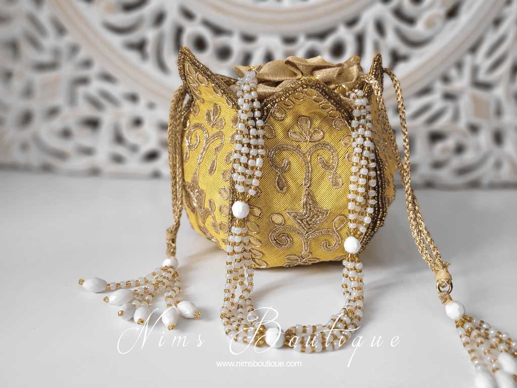 Nims Boutique Light Yellow Potli Raw Silk Embellished Bag
