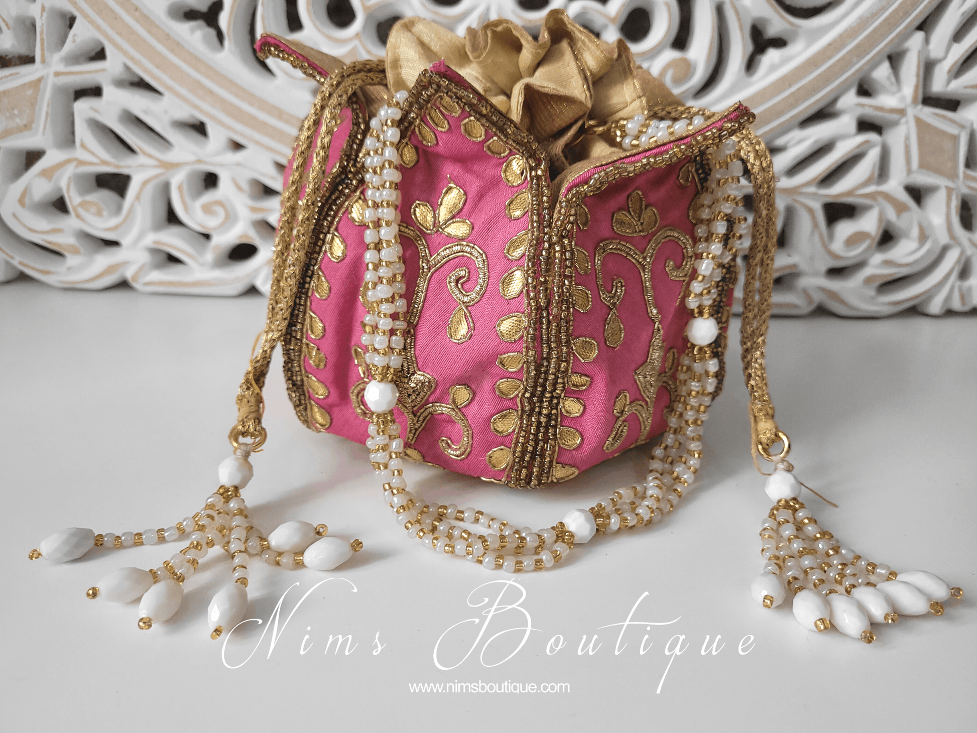 Nims Boutique Pink Potli Raw Silk Embellished Bag