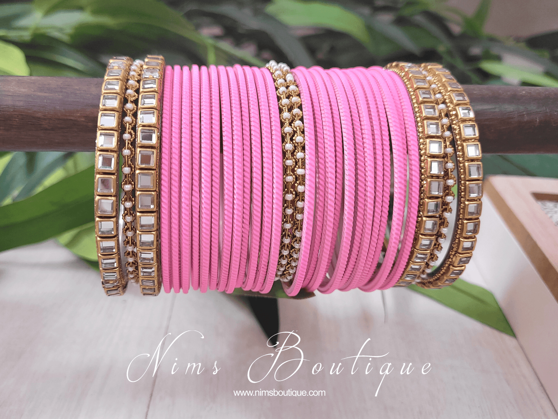Nims Boutique Bright Baby Pink & Kundan Set of Bangles BBP1
