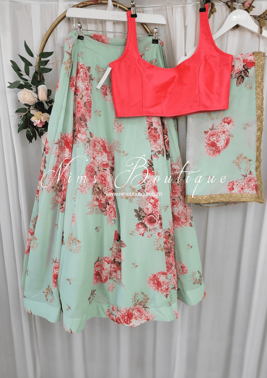 Nims Boutique La Floraison Mint Georgette Floral readymade skirt/lehnga sizes 4-26