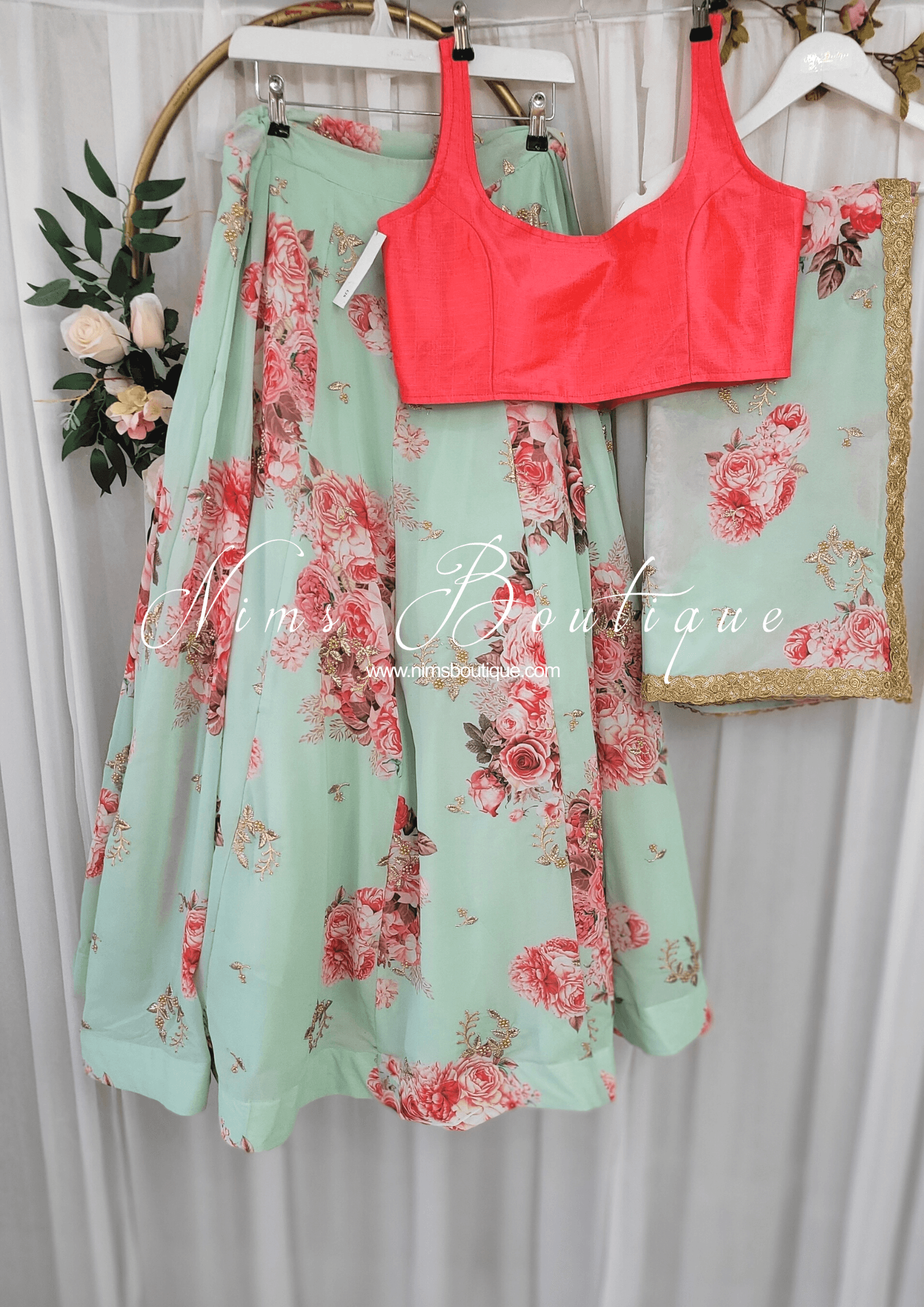 Nims Boutique La Floraison Mint Georgette Floral readymade skirt/lehnga sizes 4-26