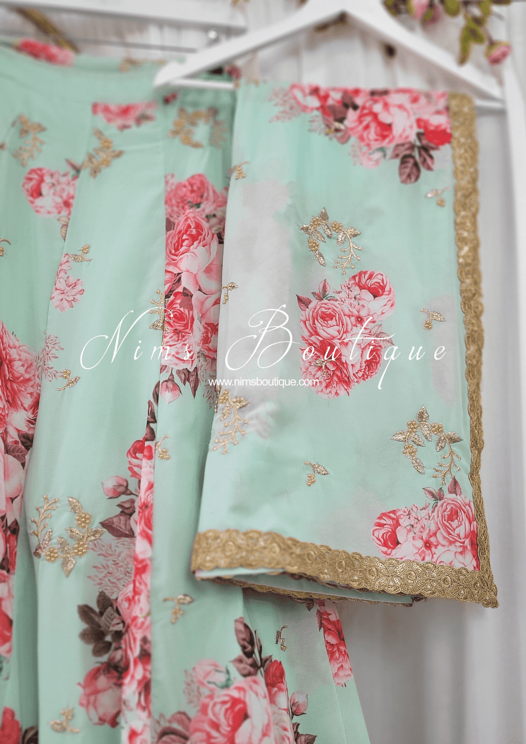 Nims Boutique La Floraison Mint Floral Georgette Dupatta/Chunni LFG3