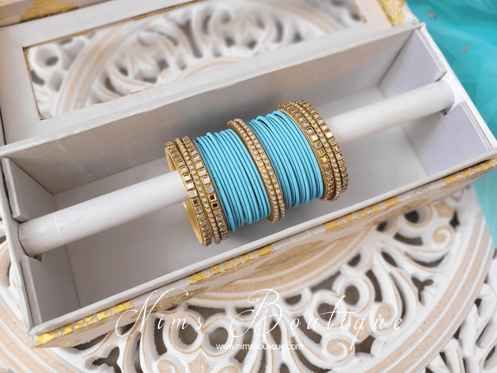 Nims Boutique Sky Blue & Kundan Set of Bangles SB1