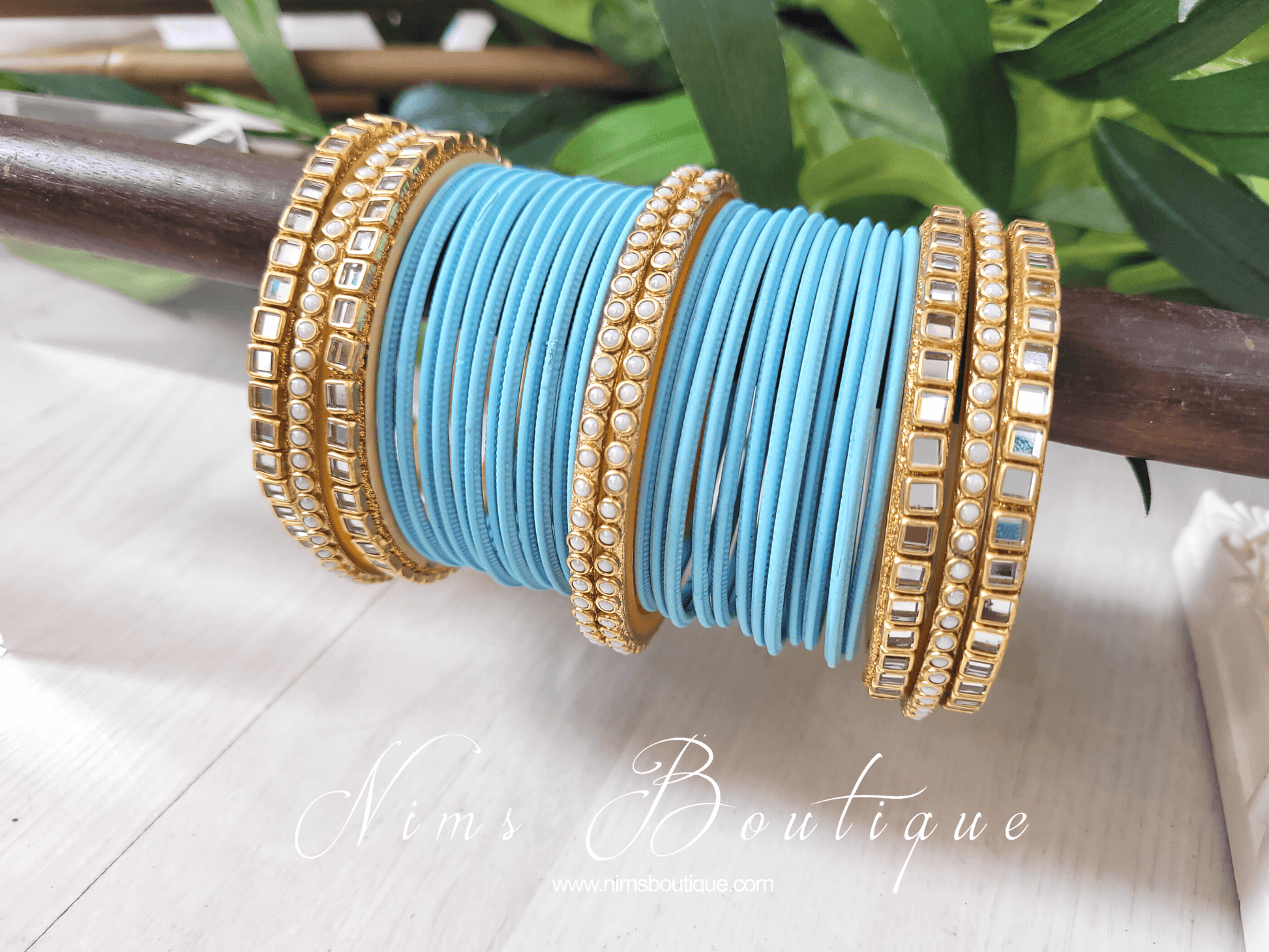 Nims Boutique Sky Blue & Kundan Set of Bangles SB1