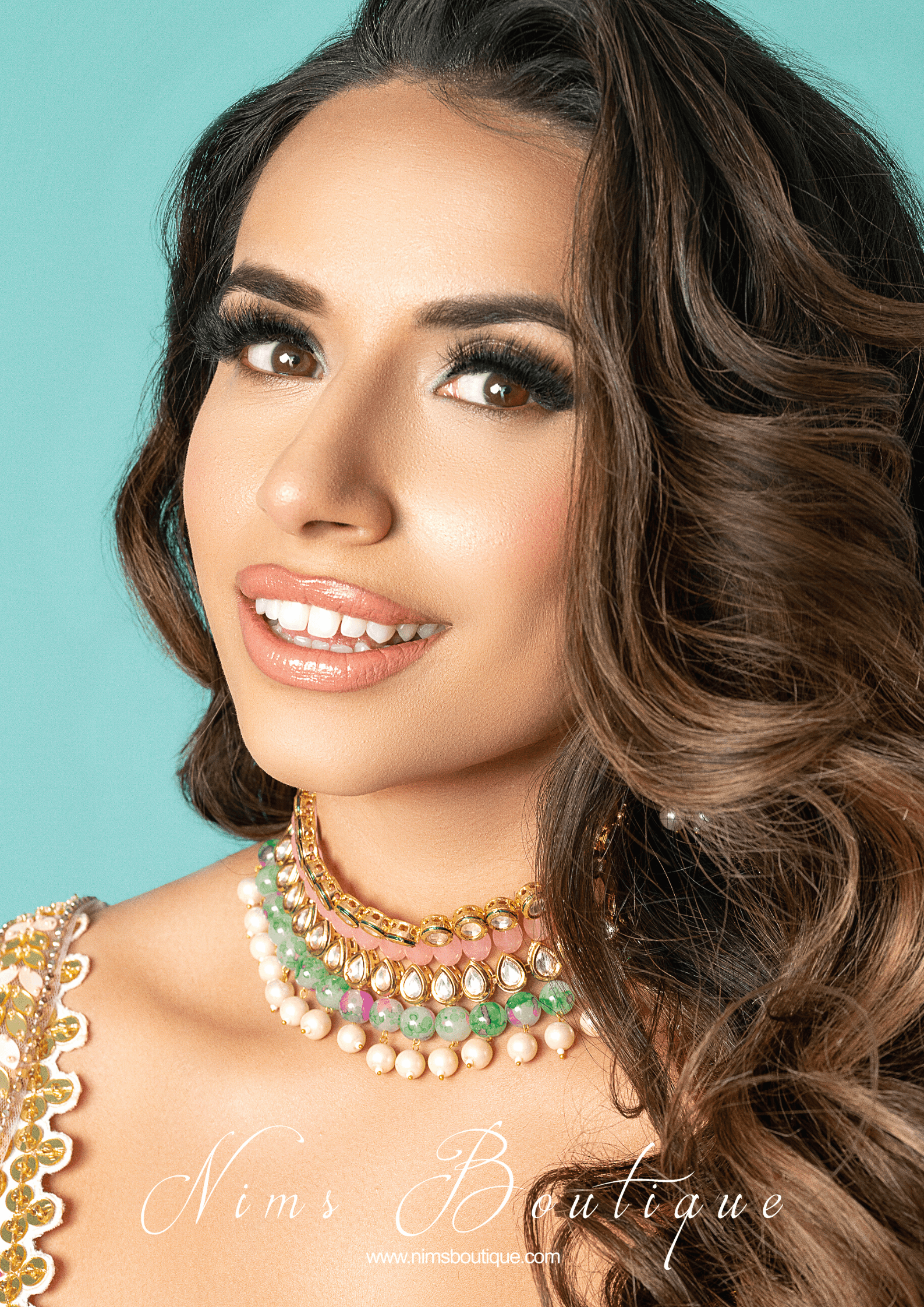 Nims Boutique Pavan Pastel Pink Kundan & Green Floral Bead Choker Set
