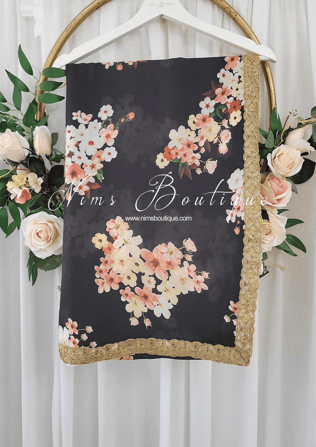 Nims Boutique La Floraison Black Floral Satin Saree