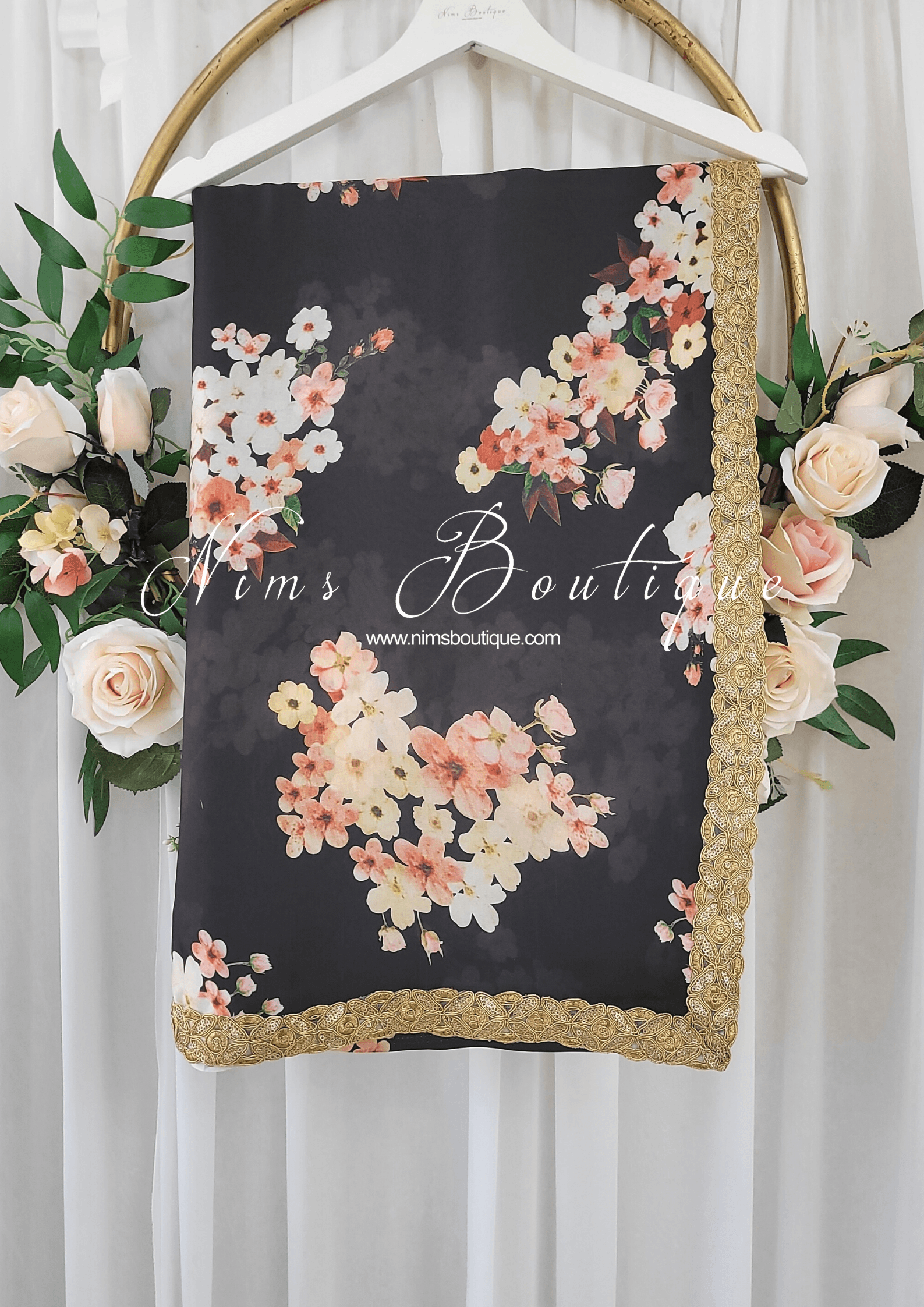 Nims Boutique La Floraison Black Floral Satin Saree