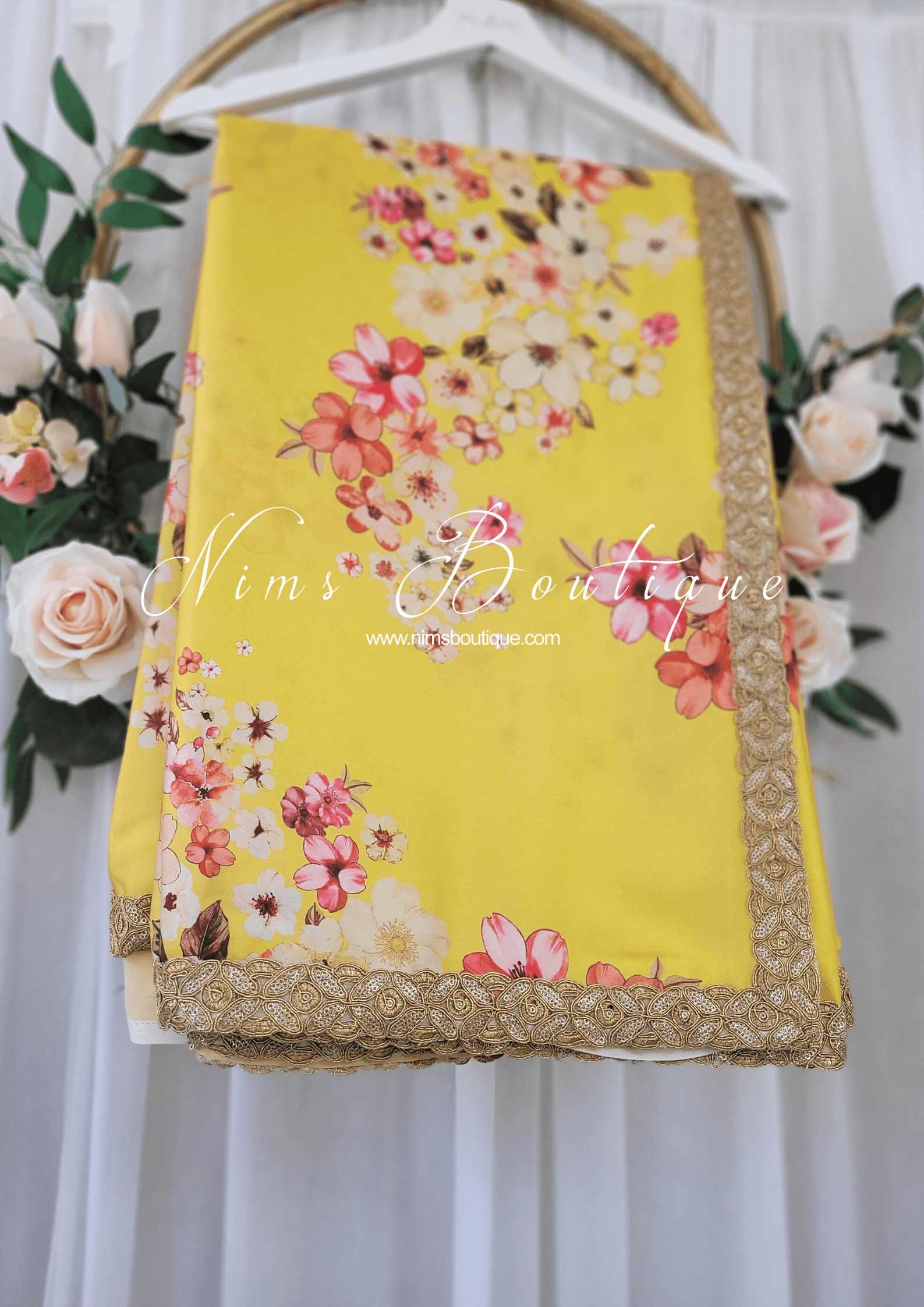 Nims Boutique La Floraison Yellow Floral Satin Saree