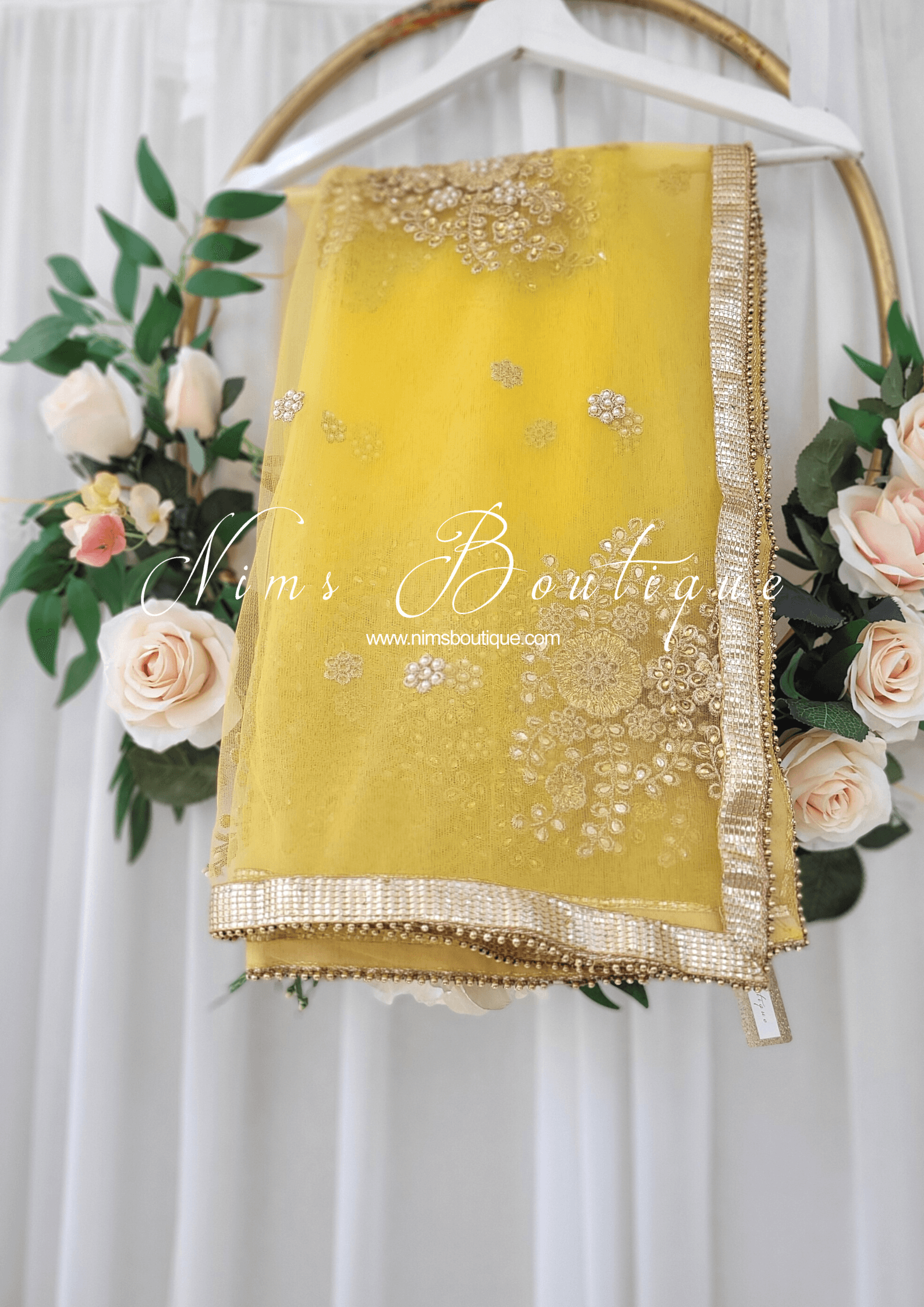 Nims Boutique Yellow Net Pearl Embellished Dupatta/Chunni NP4